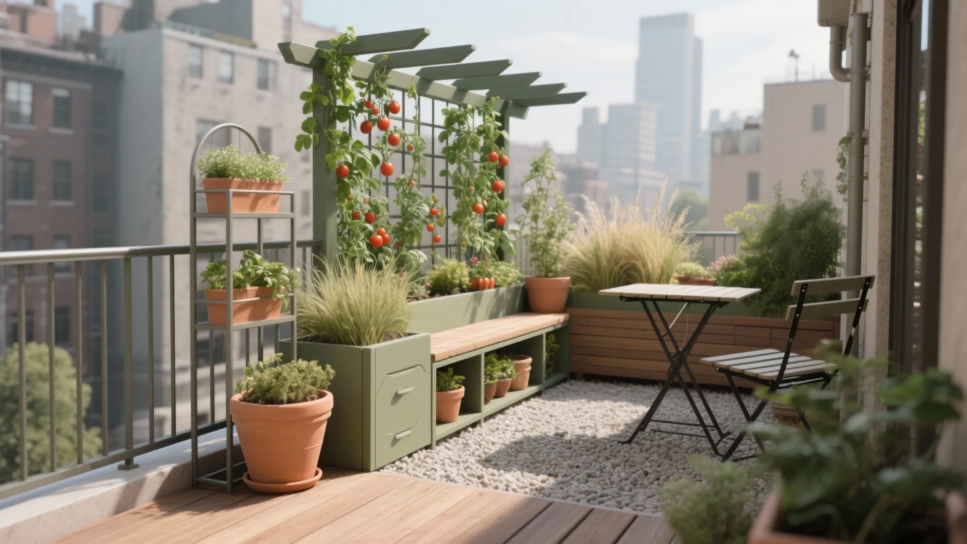 Modern balcony garden with tomato plants on trellis wooden bench small table and many potted