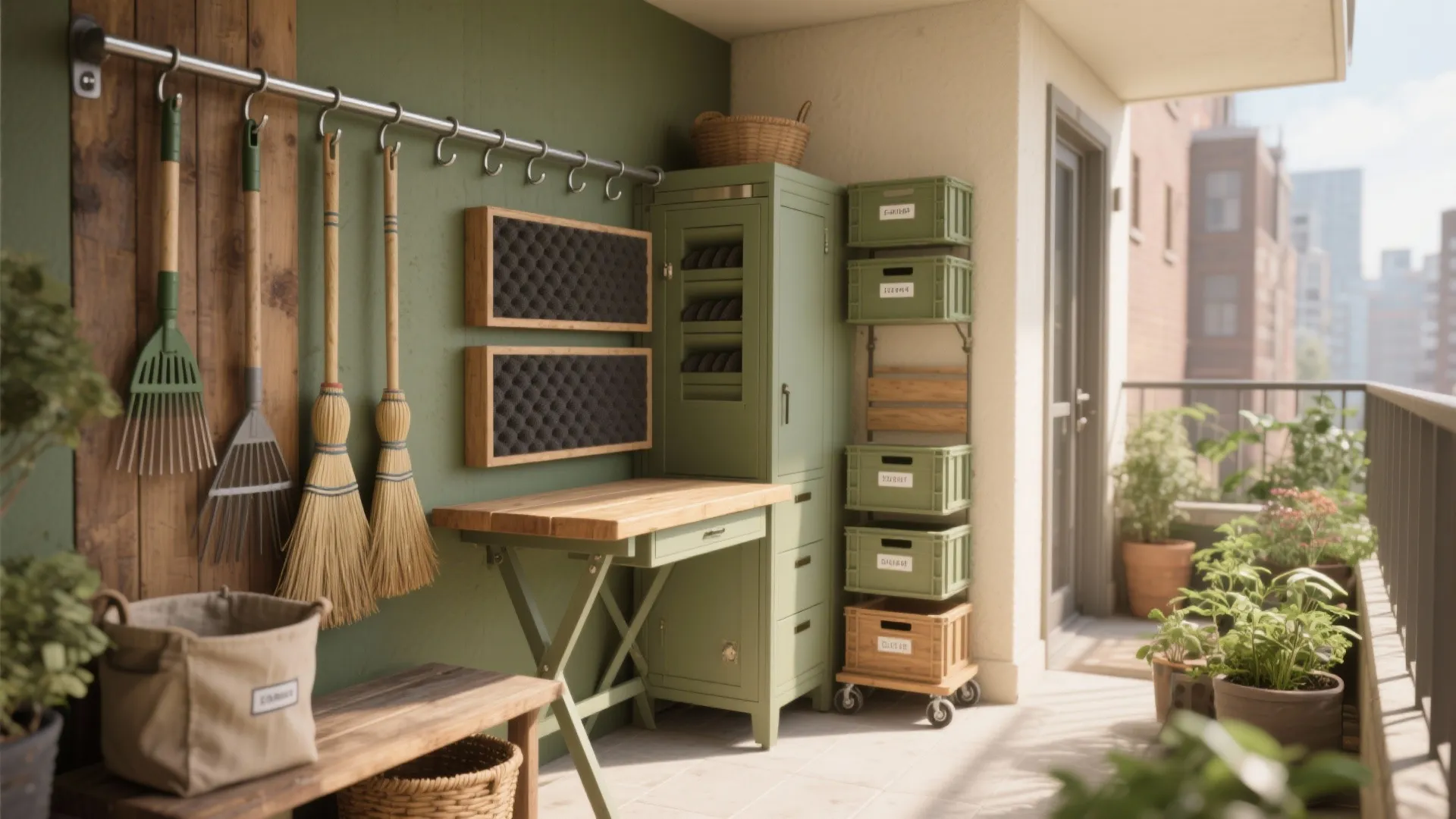Green balcony garden area with wooden table hanging brooms and stacked plastic garden storage bins