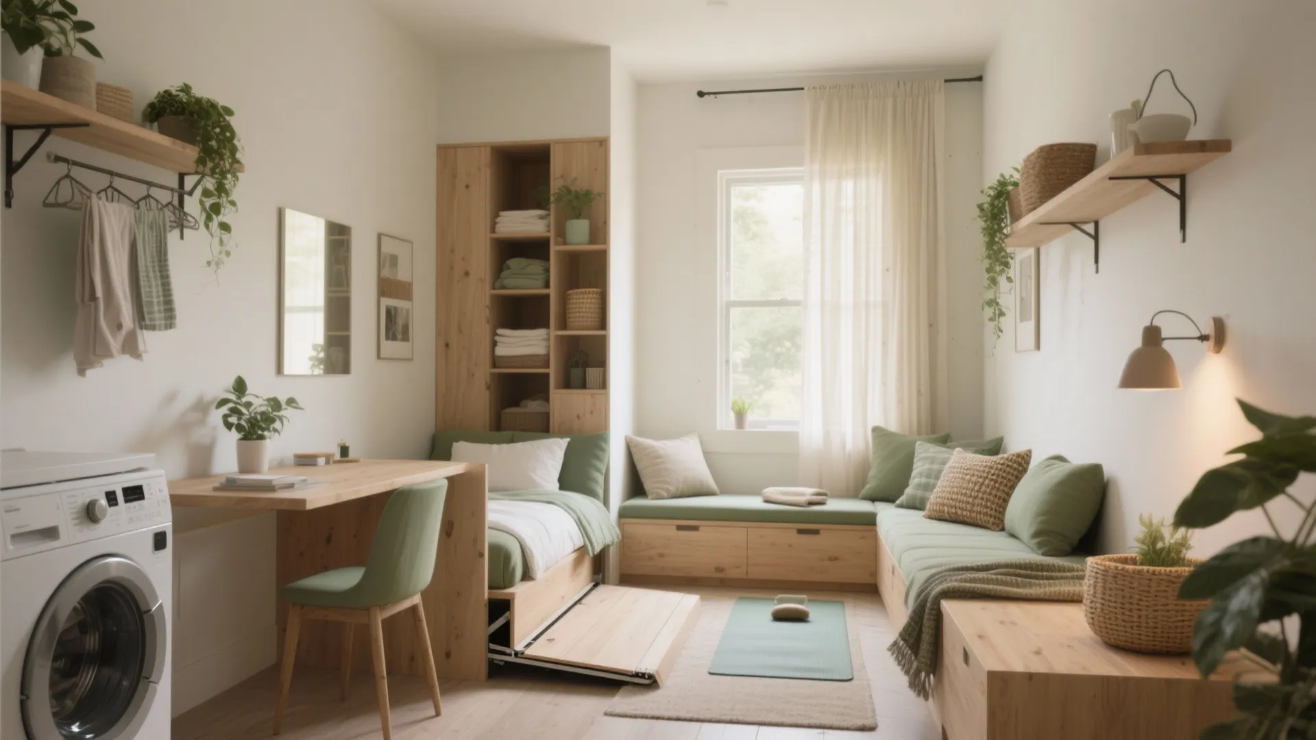 Small multipurpose room with wood furniture washing machine desk bed and green plants for decoration