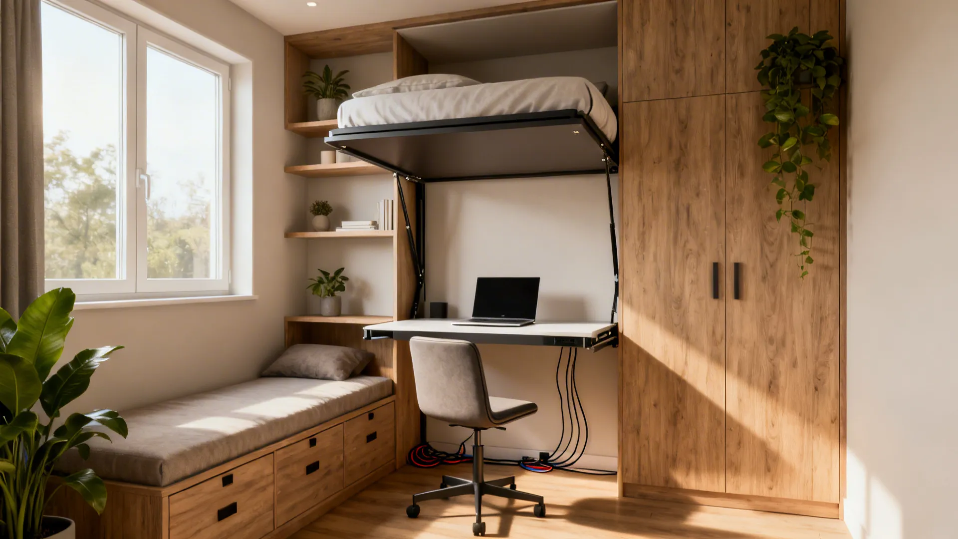Small wood guest room featuring a desk with laptop under a bed and window seat