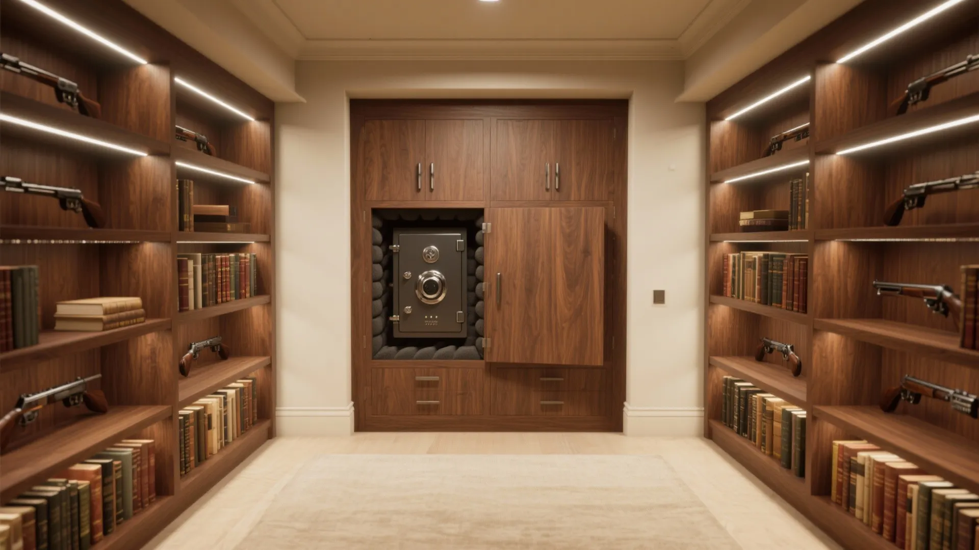 Wooden shelf display with books and rifles leading to a hidden wall safe in cabinet