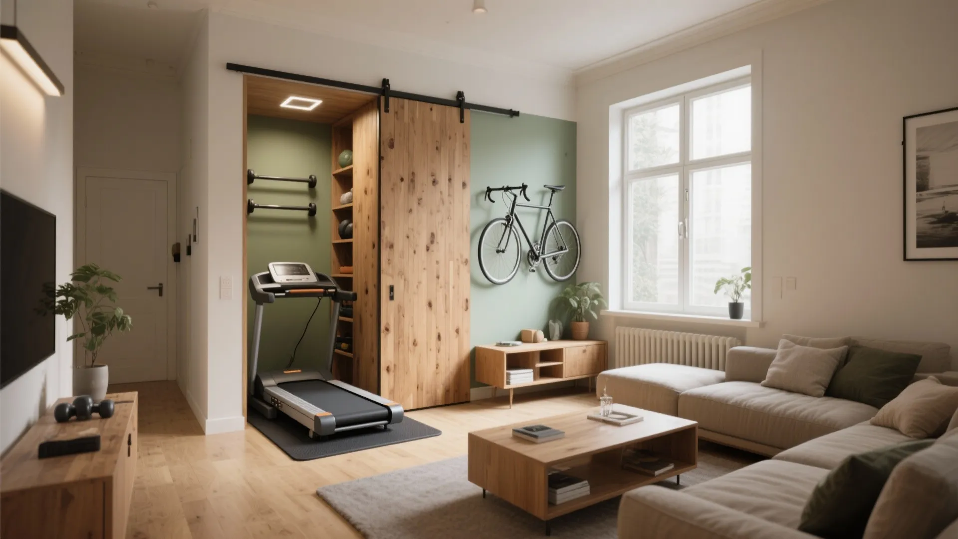 Modern living room featuring treadmill inside wooden cabinet, wall mounted bike, sofa, and coffee table