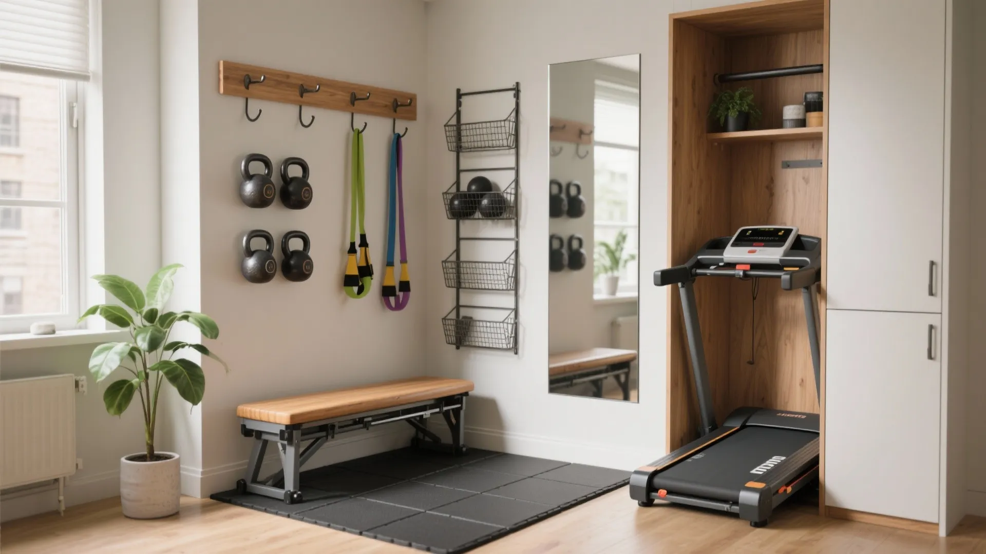 Small home gym featuring treadmill in cabinet mirror bench kettlebells and green plant by window