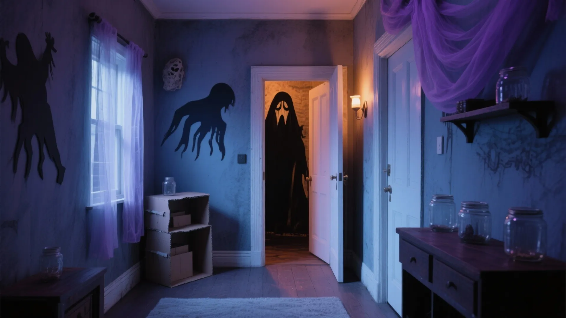 Spooky room with ghost wall stickers purple curtains wooden floor and open door showing dark figure