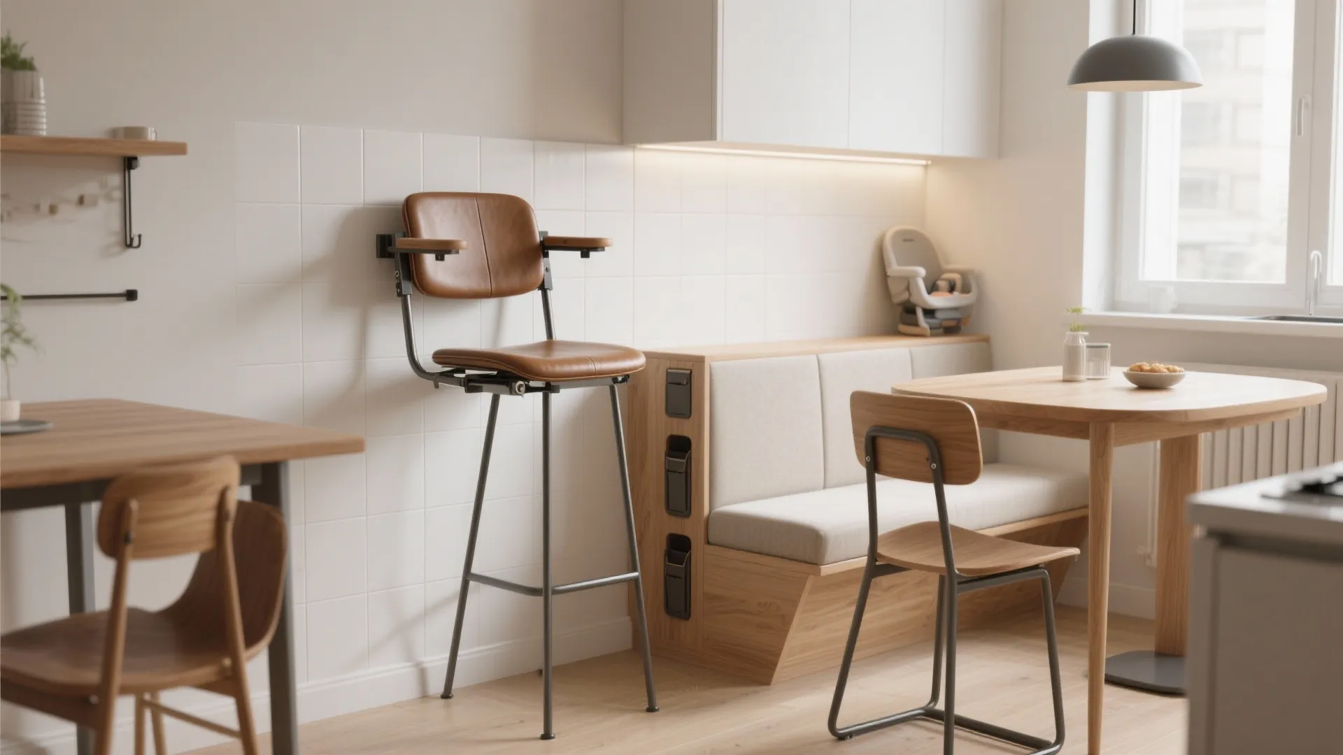 Modern kitchen with wooden table, brown high chairs, white wall tiles, and integrated seating bench