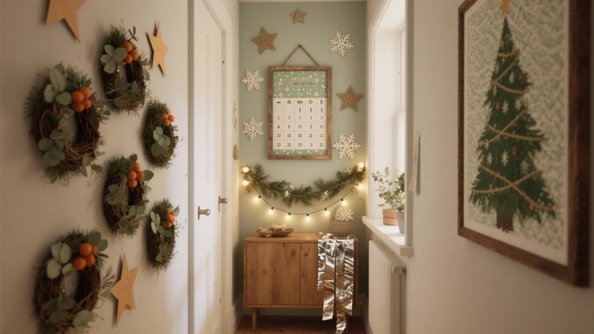 Christmas hallway with green walls wooden cabinet wreaths on wall calendar and warm string lights