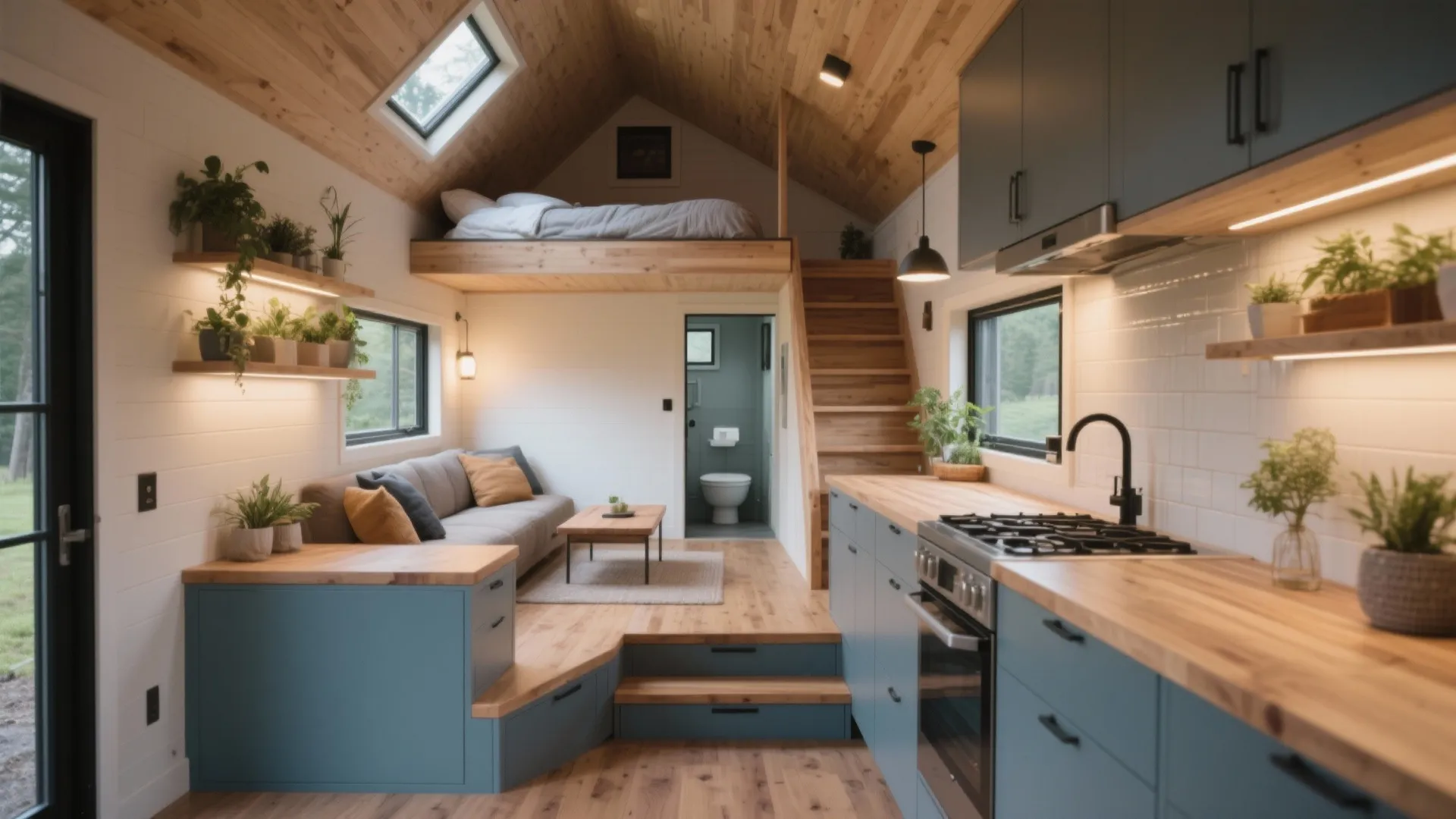 Tiny house interior design with blue kitchen cabinets, grey sofa, wooden stairs, and loft bed