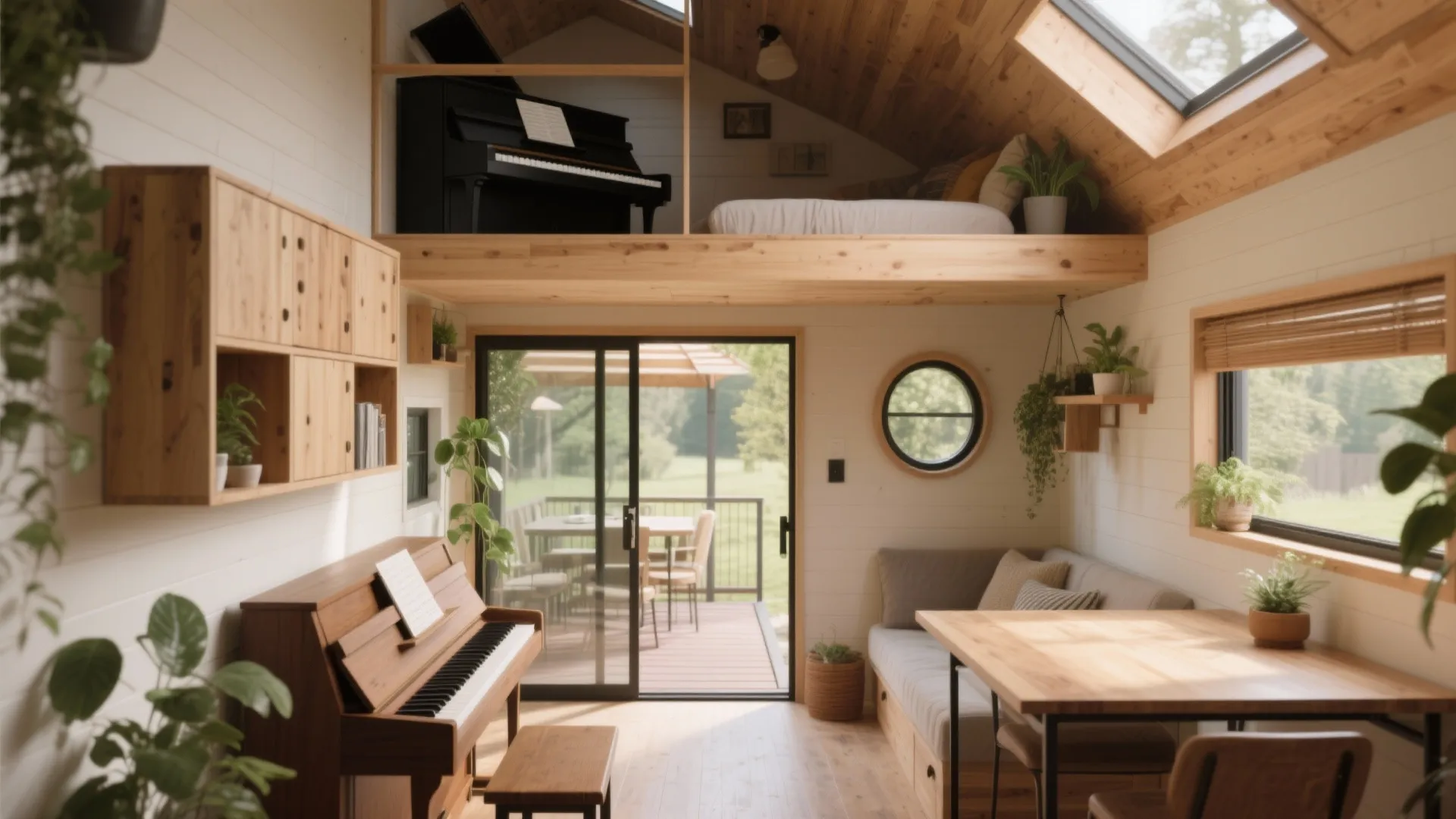 Small home interior with wooden loft bed piano dining table large glass door and roof window