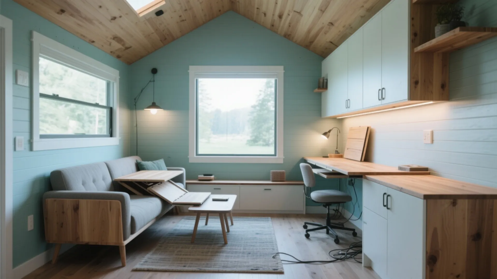 Modern tiny home interior with light green walls wood ceiling grey sofa and work desk