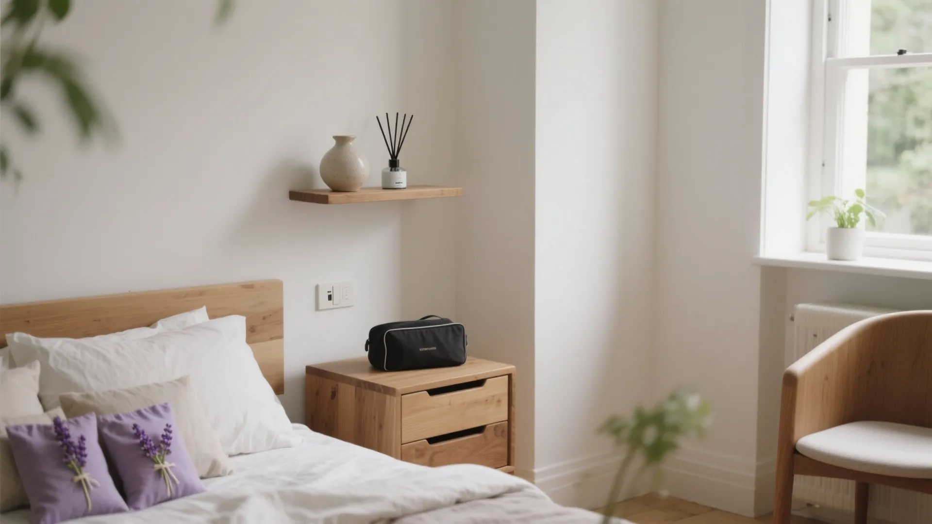 Minimalist bedroom featuring wooden side table white bedding purple pillows and small wooden shelf above