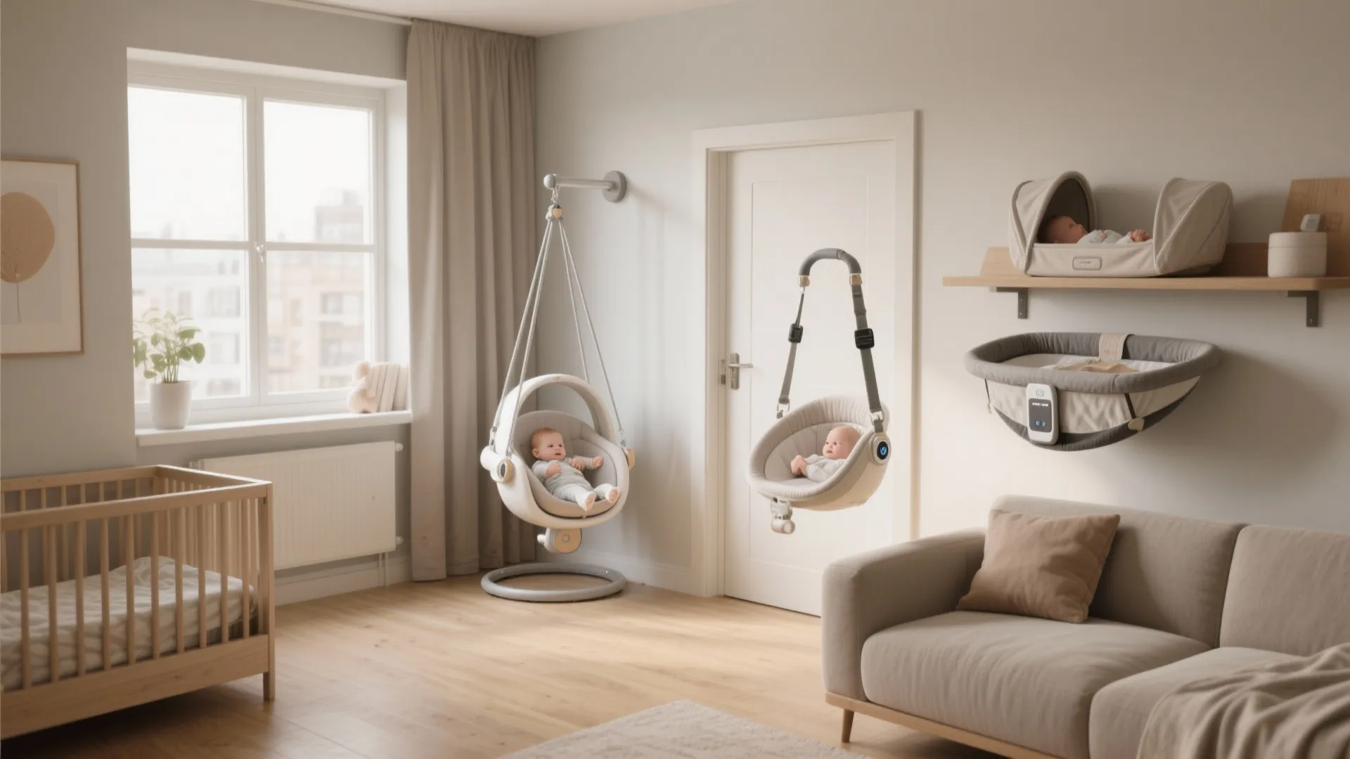 Modern nursery room with baby swings wall mounted furniture crib and sofa in bright light