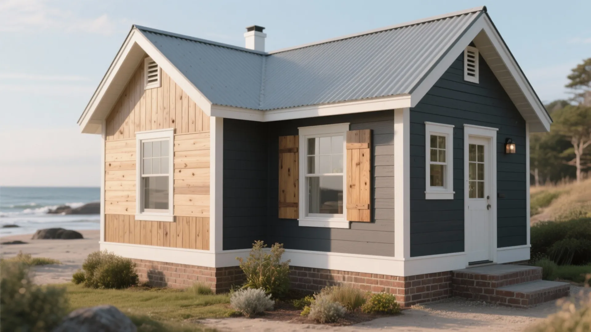 Small beach house featuring dark blue wall panels and light wood accents with metal roof