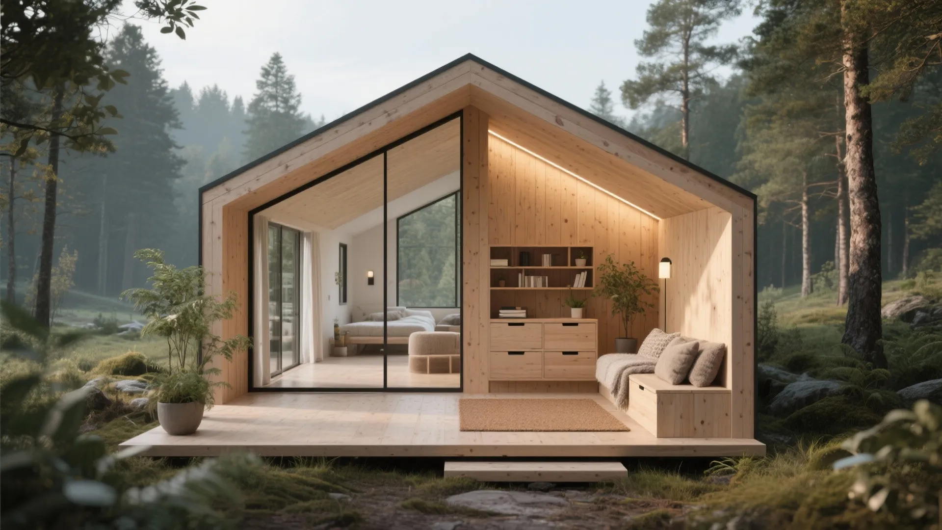 Modern wooden cabin in forest with glass walls living room furniture and bright natural light