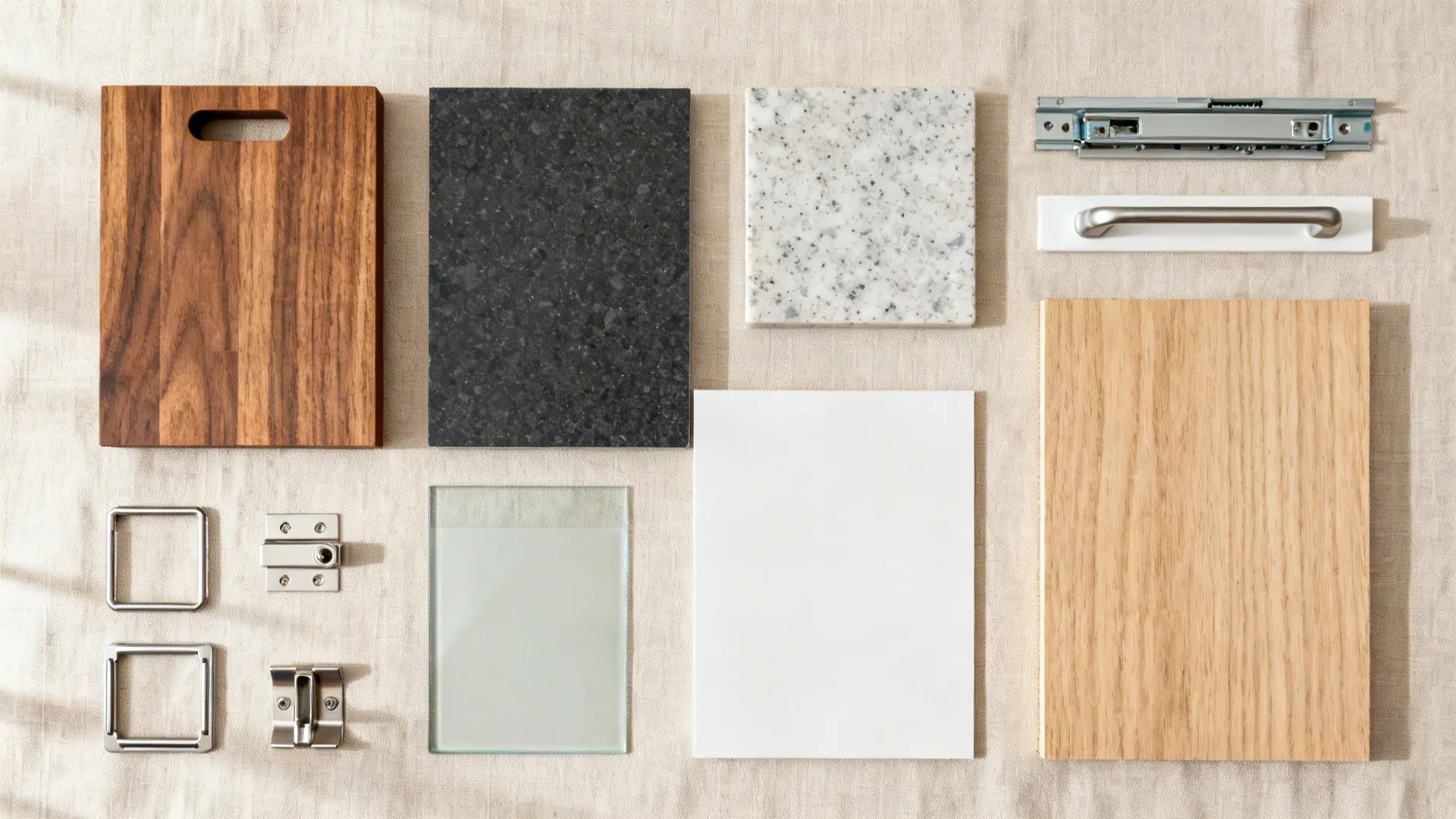 Flat lay of wood, laminate, quartz, glass, hardware, and base materials for tiny islands.