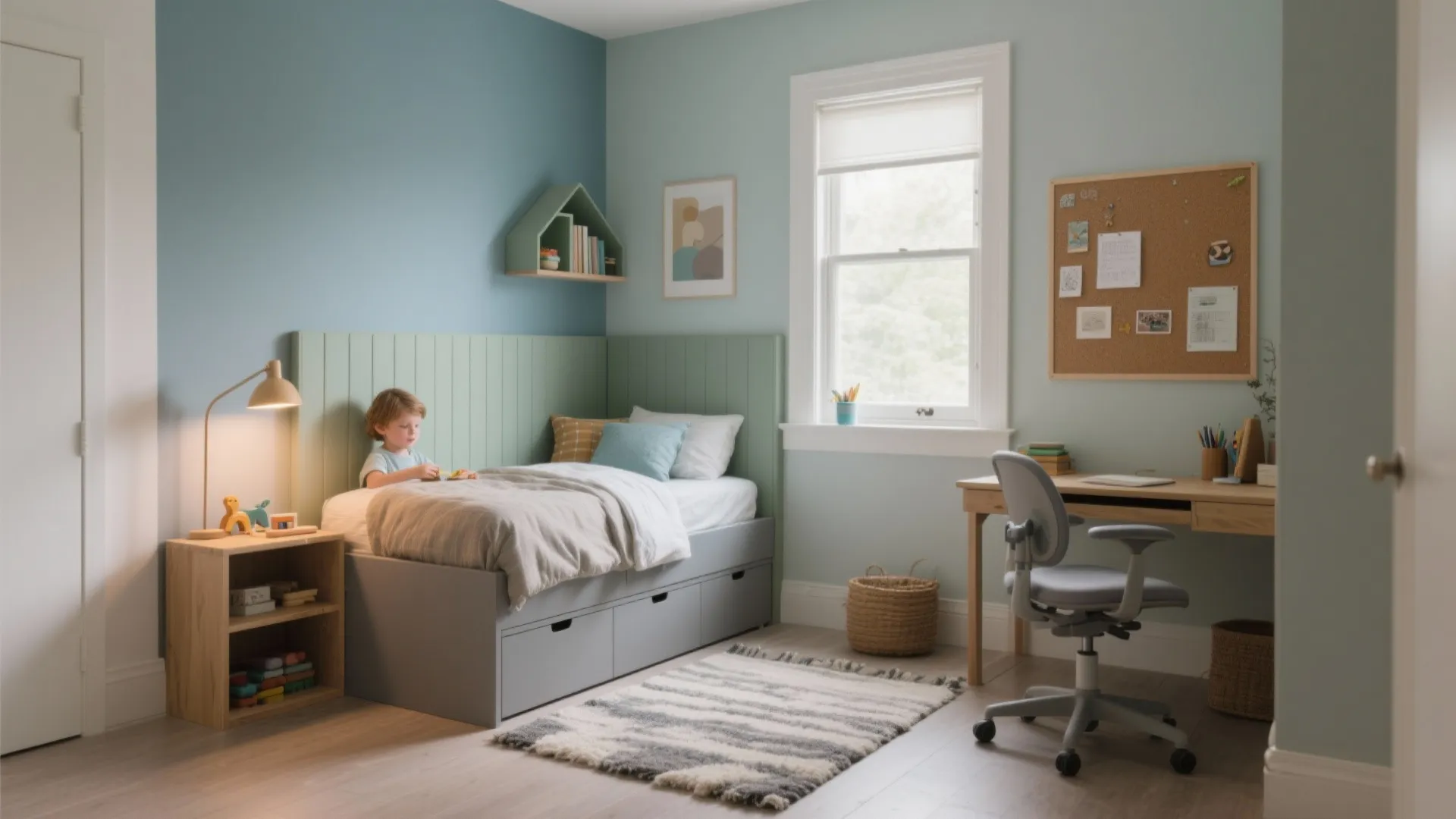 Child bedroom with green wall panels a grey storage bed wooden desk and blue walls