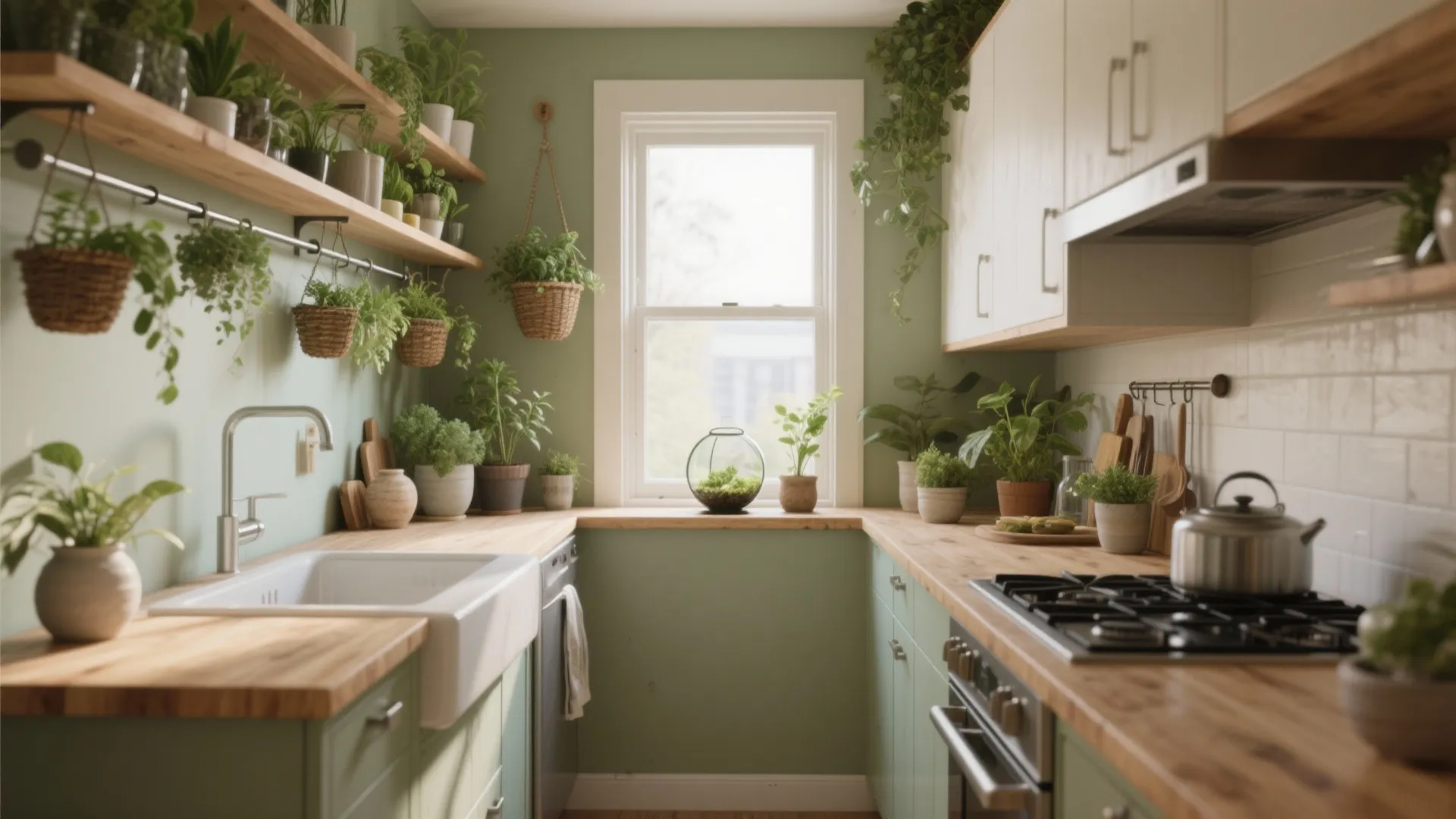 Small green kitchen with wood countertops white sink many potted plants and a large window