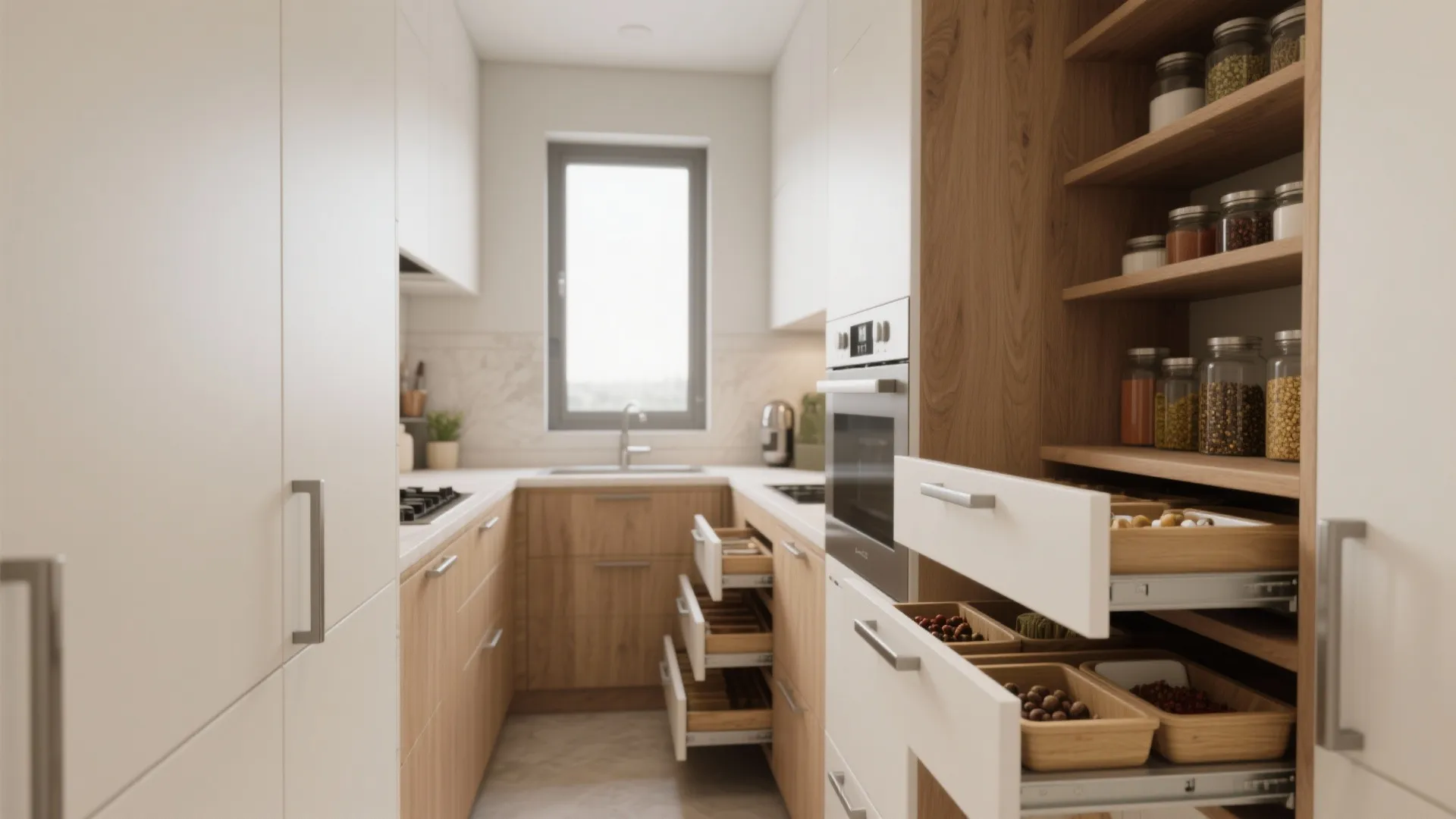 Modern small kitchen design featuring white cabinets wooden drawers open shelves and a built-in oven