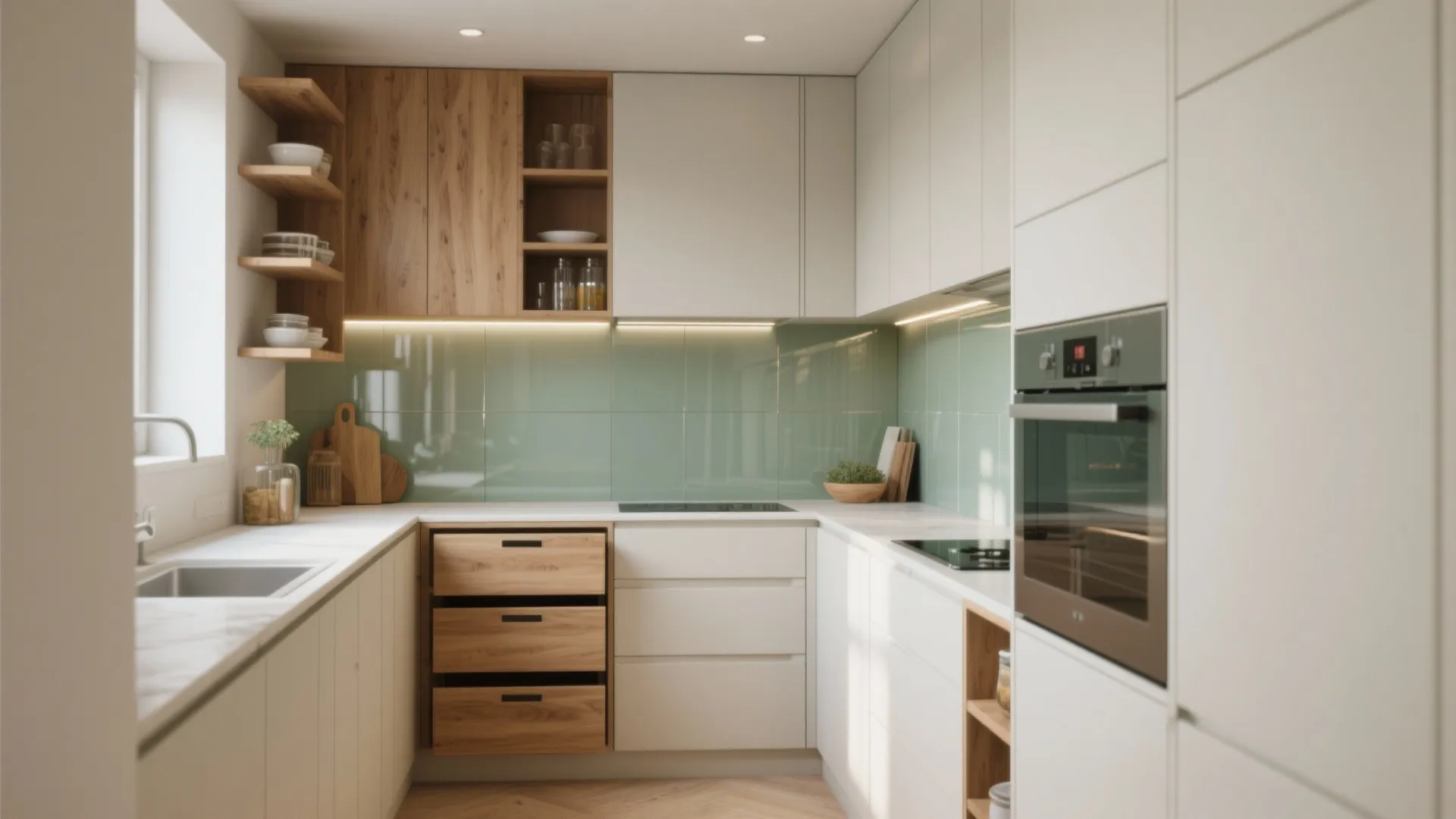Modern small kitchen with white cabinets wood wall shelves green tiles and built in oven