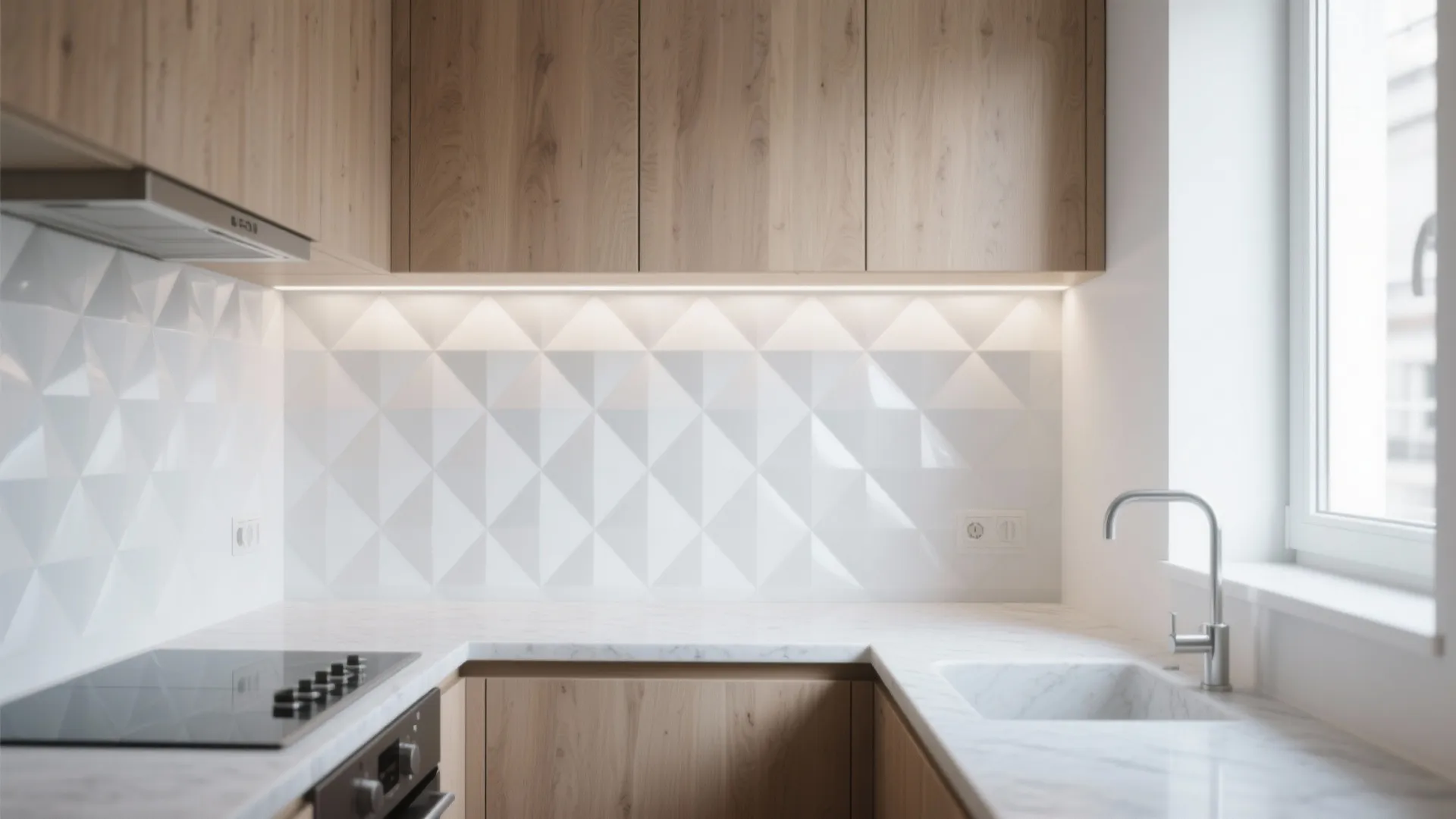 Minimalist white diamond backsplash in a tiny kitchen