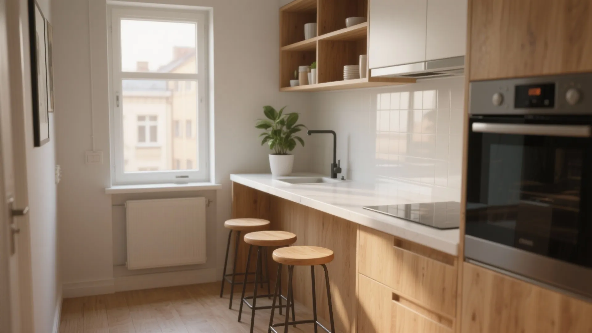 Modern small kitchen with wood cabinets white countertop three stools a window and potted plant