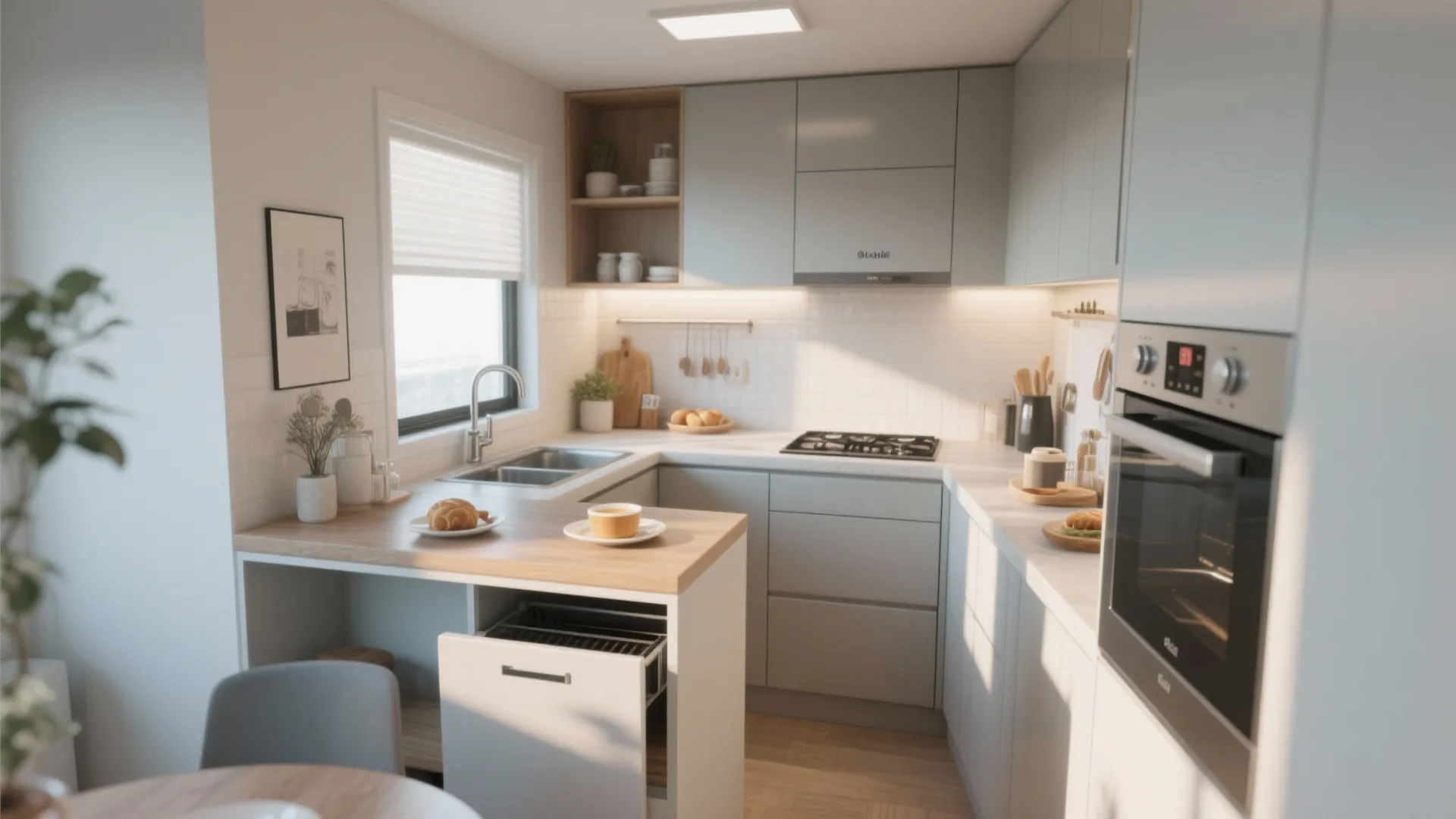 Compact kitchen with breakfast bar and hidden dishwasher