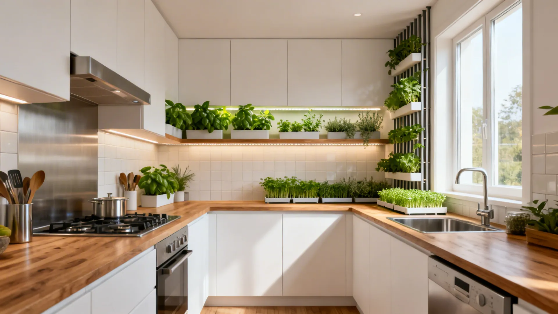Modern white kitchen with wooden countertops and green plants growing on shelves and wall gardens