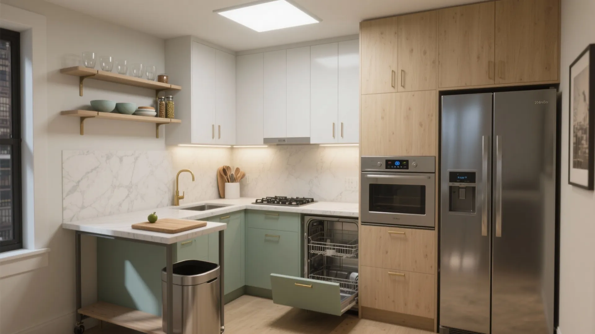 Small kitchen layout featuring green cabinets wood tall units open shelves and stainless steel home appliances