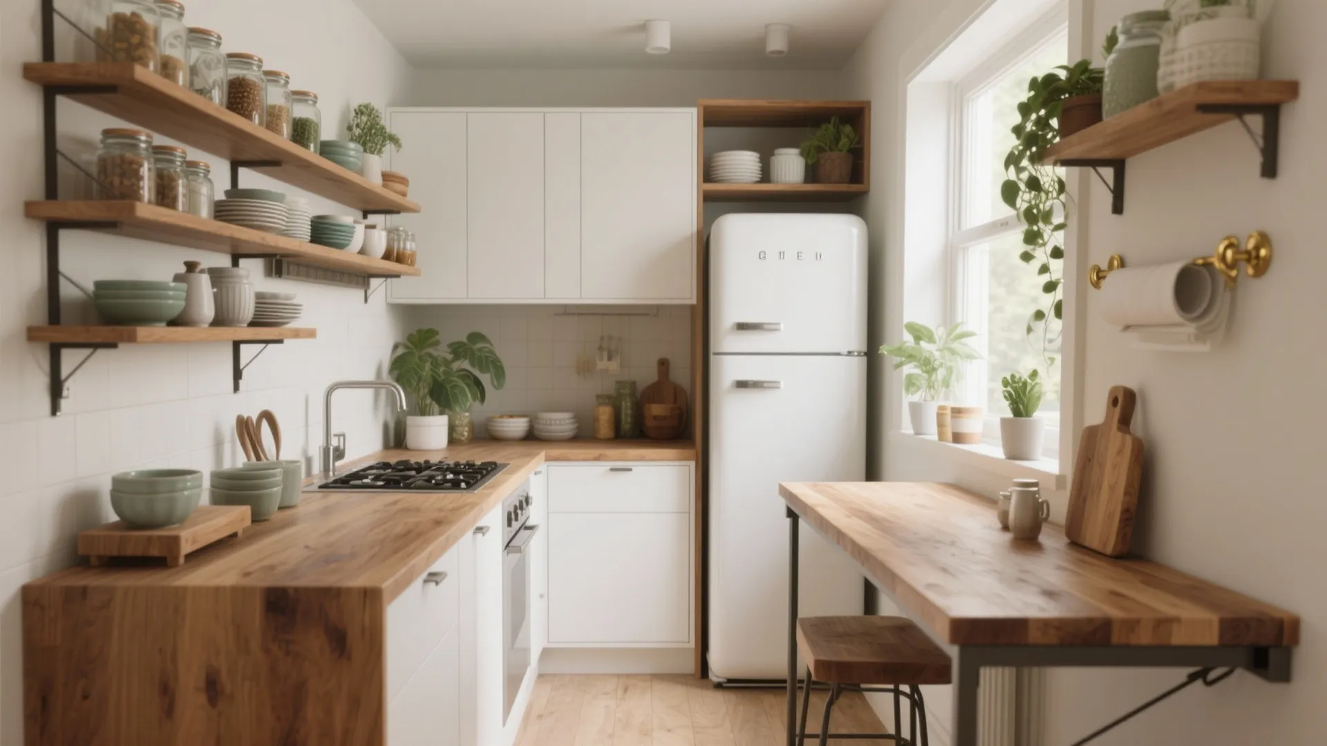 Bright narrow kitchen with white cabinets wooden countertops white fridge open shelves and breakfast bar