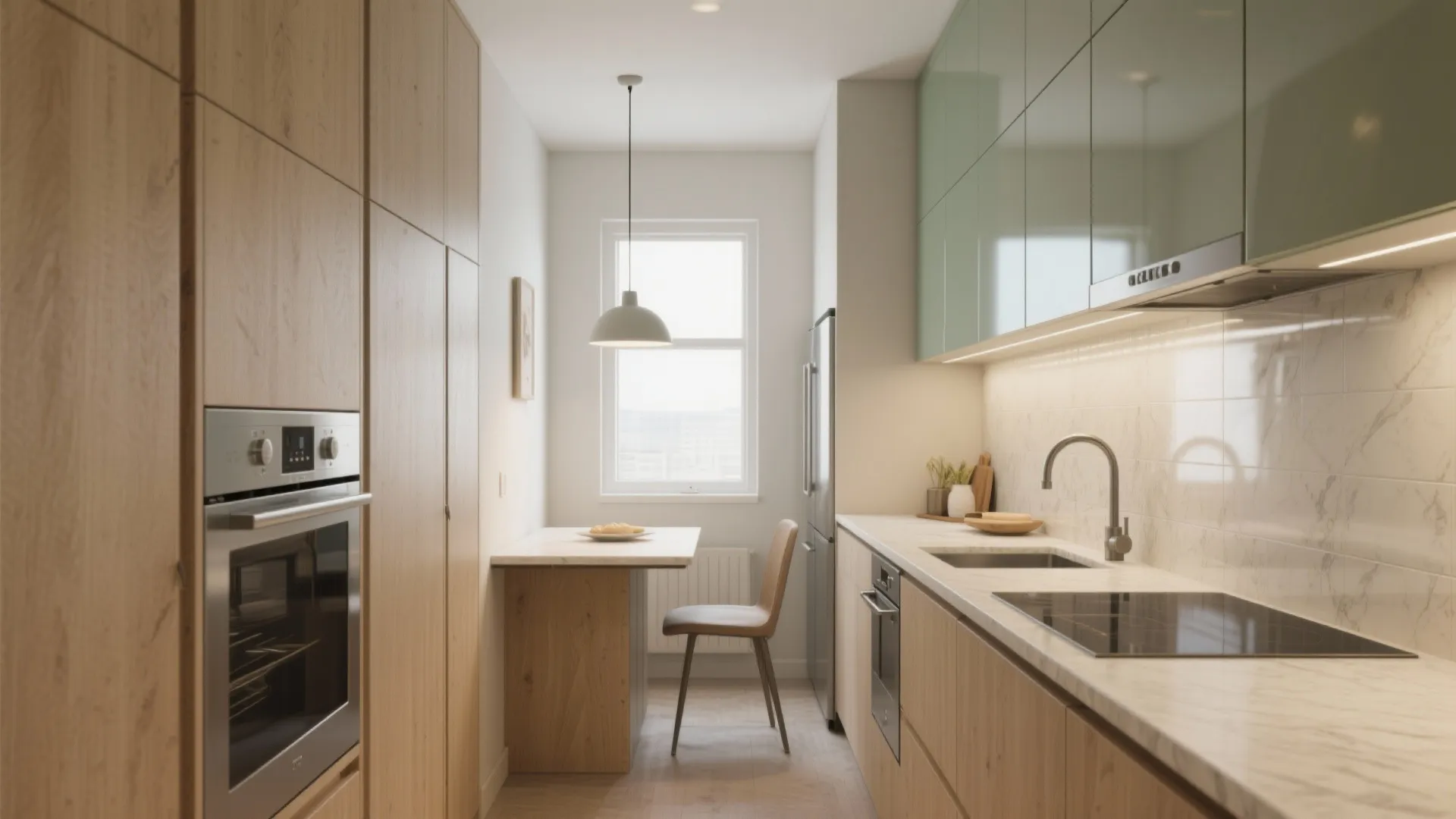 Modern narrow kitchen featuring light wood cabinets, marble dining table, green upper cabinets and natural light