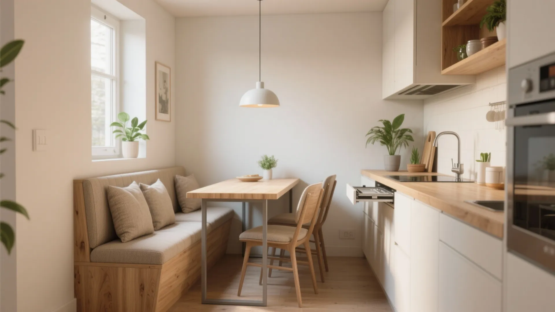 Modern small kitchen with white walls wood dining table built in bench and ceiling light