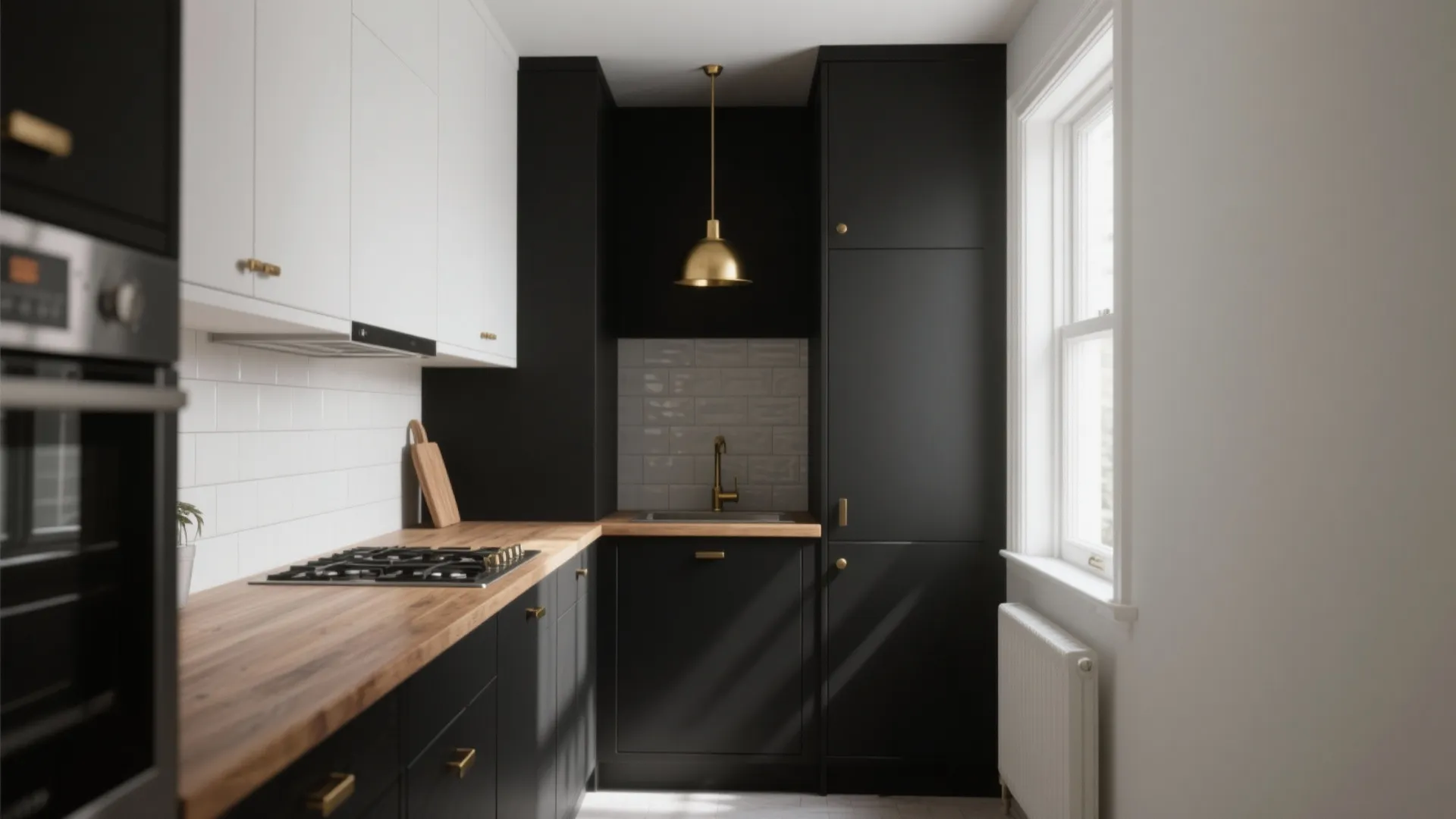 Modern kitchen with black cabinets, wooden countertop, gold ceiling light, white tiles and a window