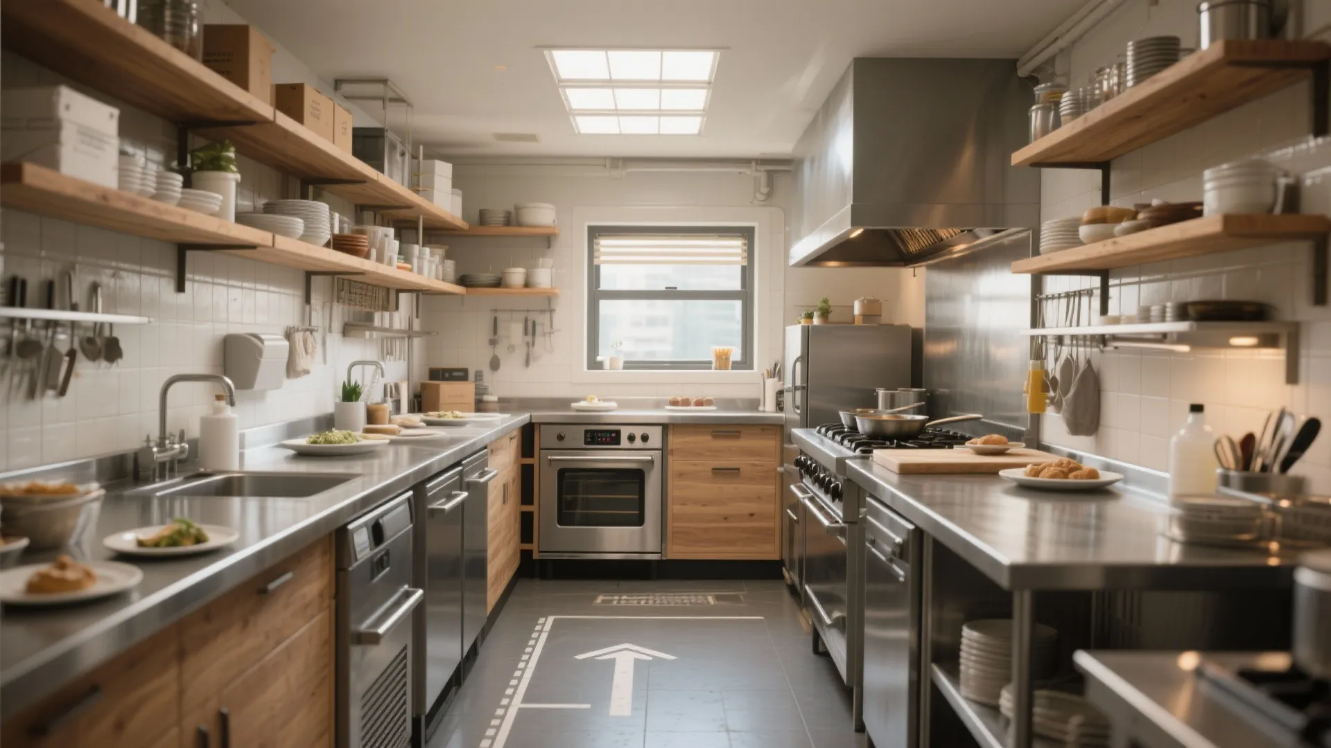 Small commercial kitchen with stainless steel counters wood shelves stove oven and white wall tile design
