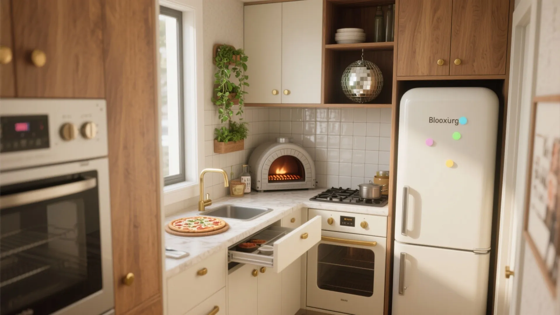 Small white kitchen with wood cabinets pizza oven retro white fridge and gold sink faucet