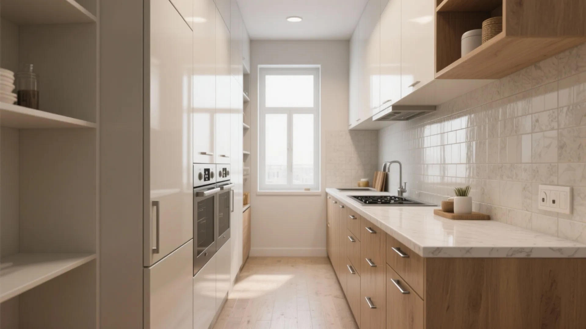 Narrow galley kitchen with white cabinets wood lower cabinets marble countertop sink window and ovens