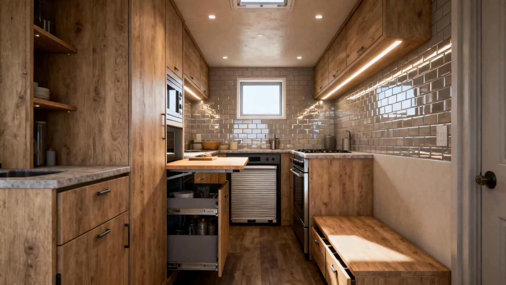Small kitchen room layout with wooden cabinets grey wall tiles bright ceiling lights and oven