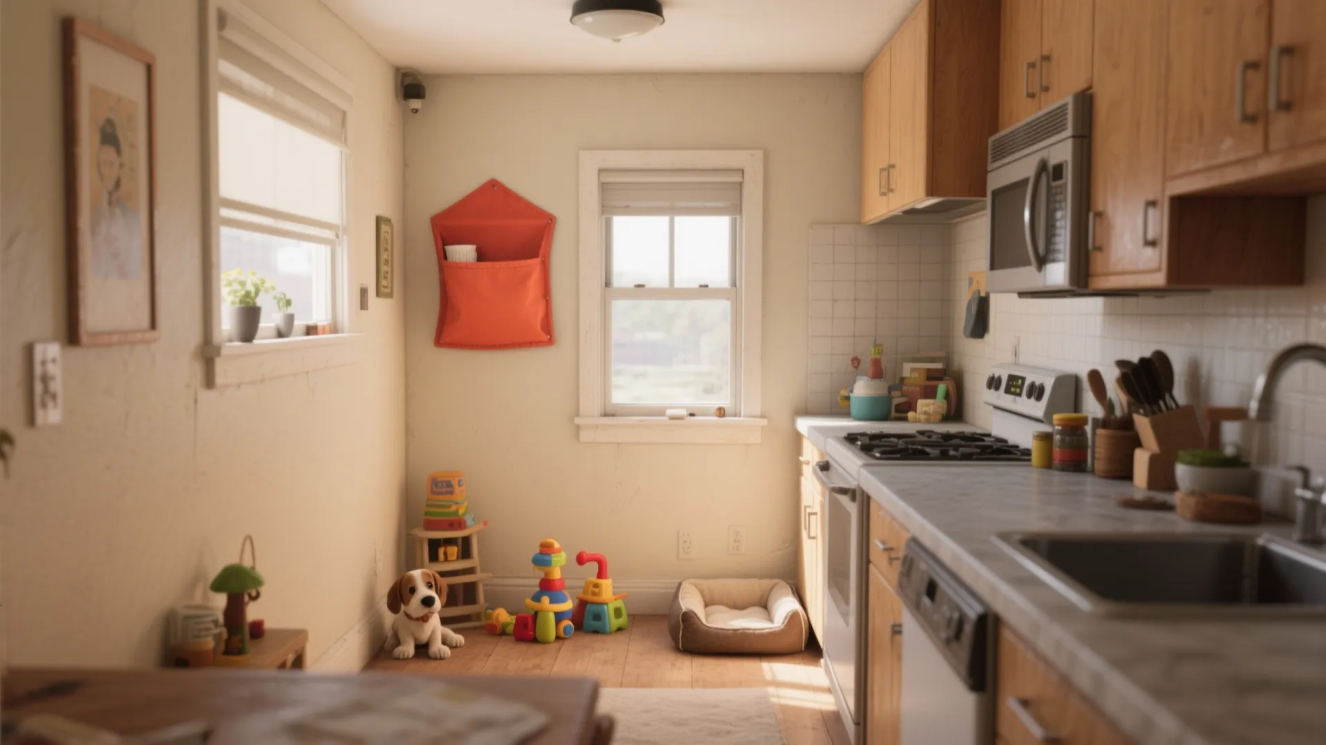 Small kitchen interior with wooden cabinets white walls pet bed dog toy and natural window light