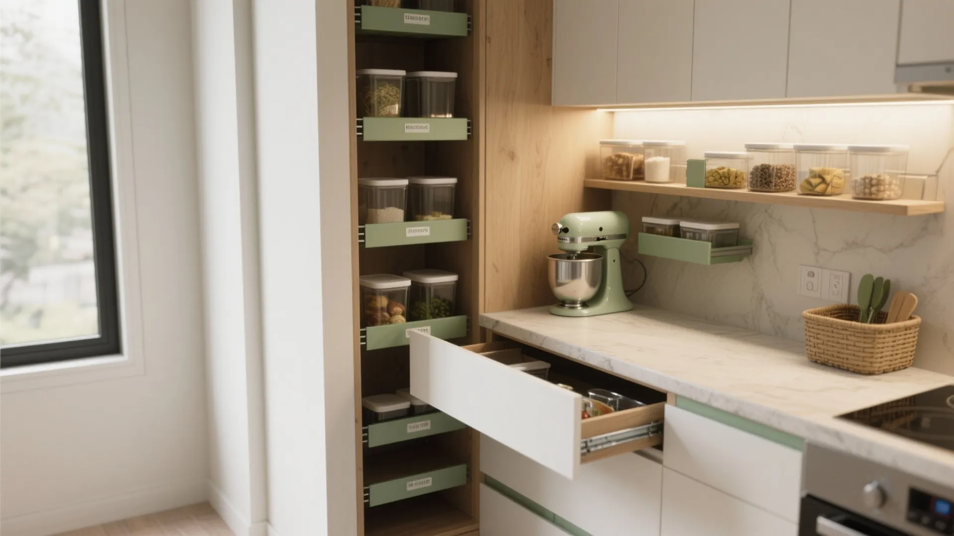 Modern kitchen with green pull out pantry shelves white cabinets marble countertop and a food mixer