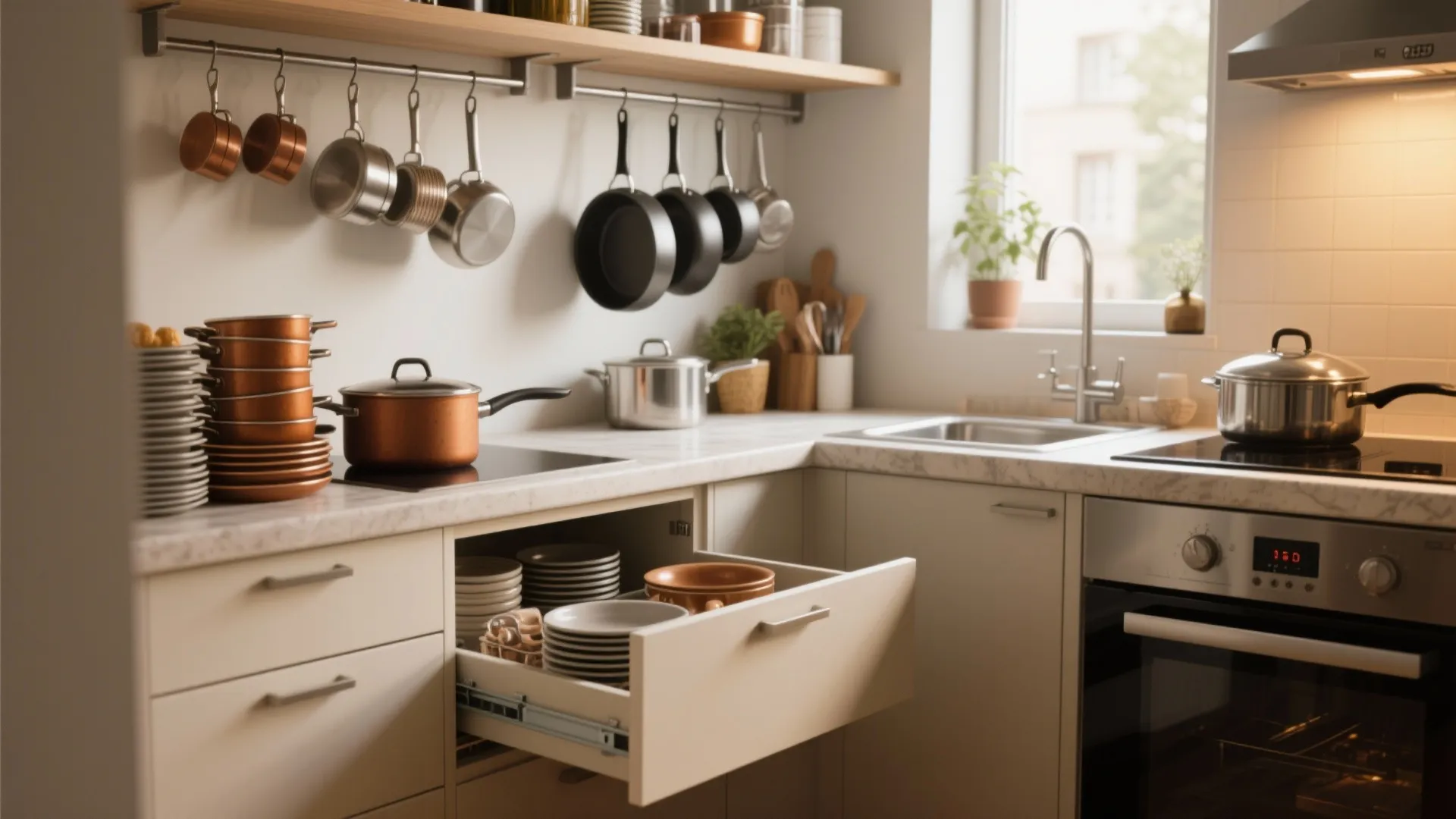 Modern kitchen with copper pots hanging on wall and white drawer filled with clean plates