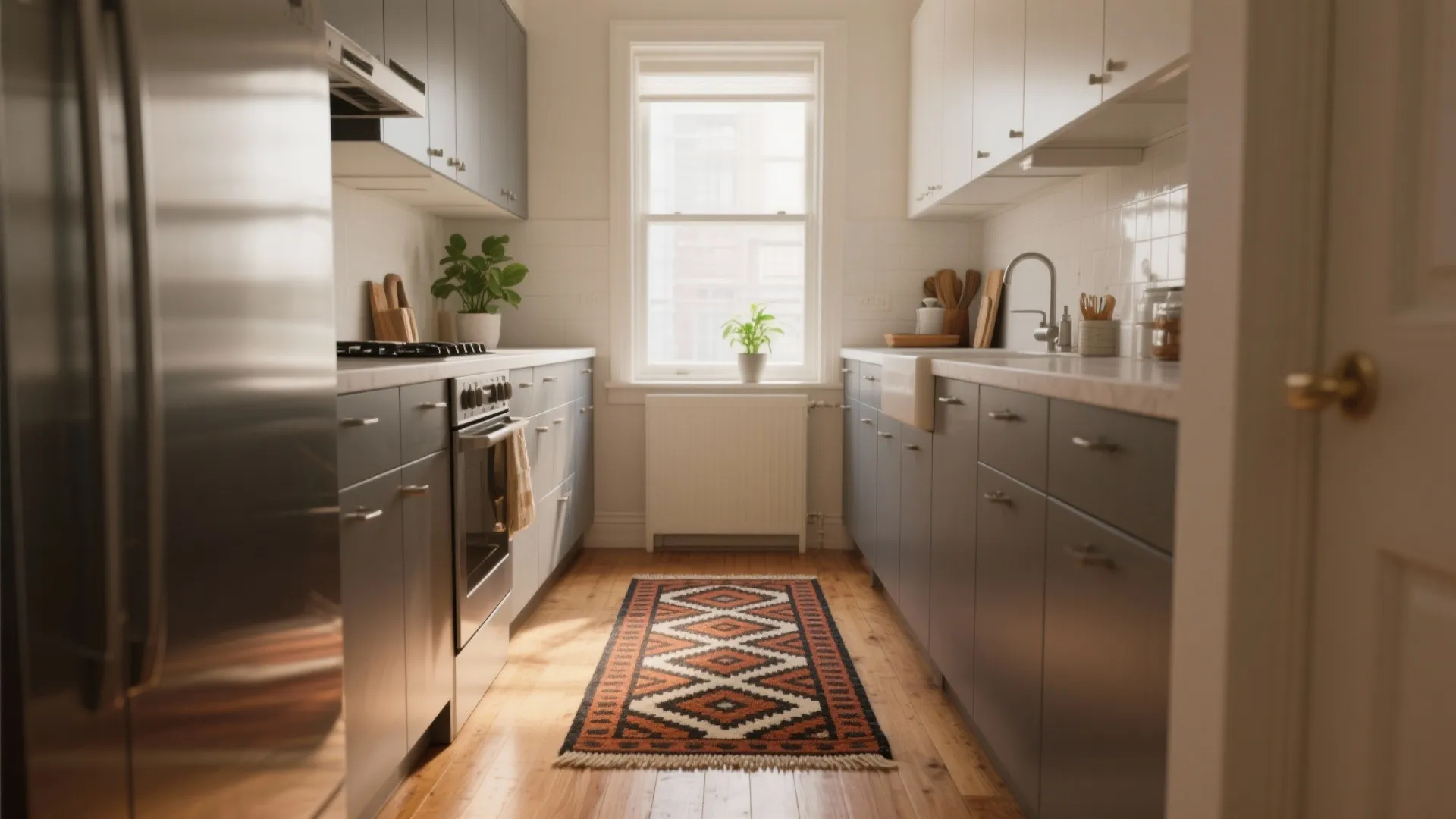 Narrow kitchen with grey cabinets, white counters, wood floor, and a long colorful patterned rug