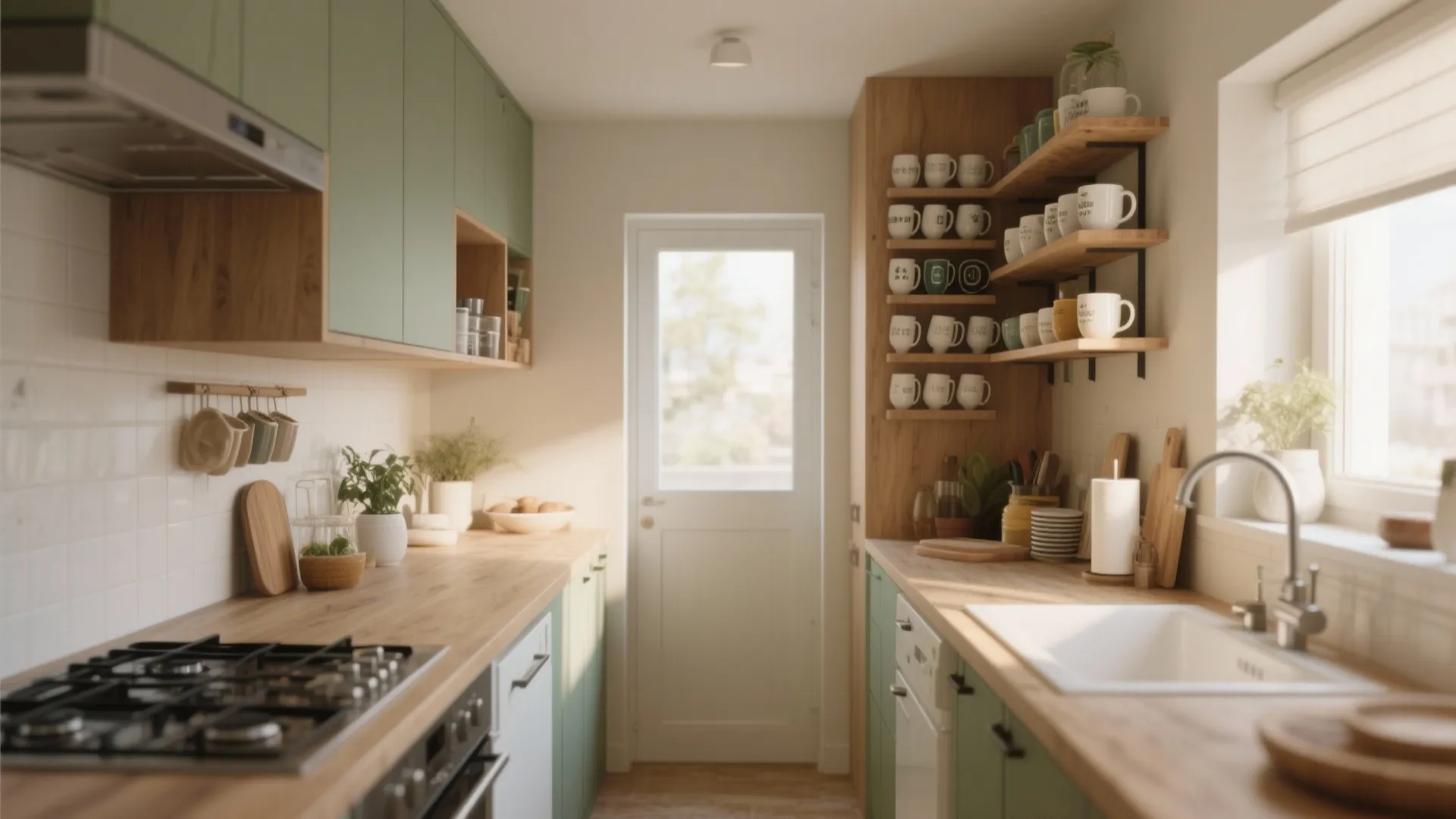 Small green kitchen with wood countertops white wall tiles shelves for cups and natural sunlight
