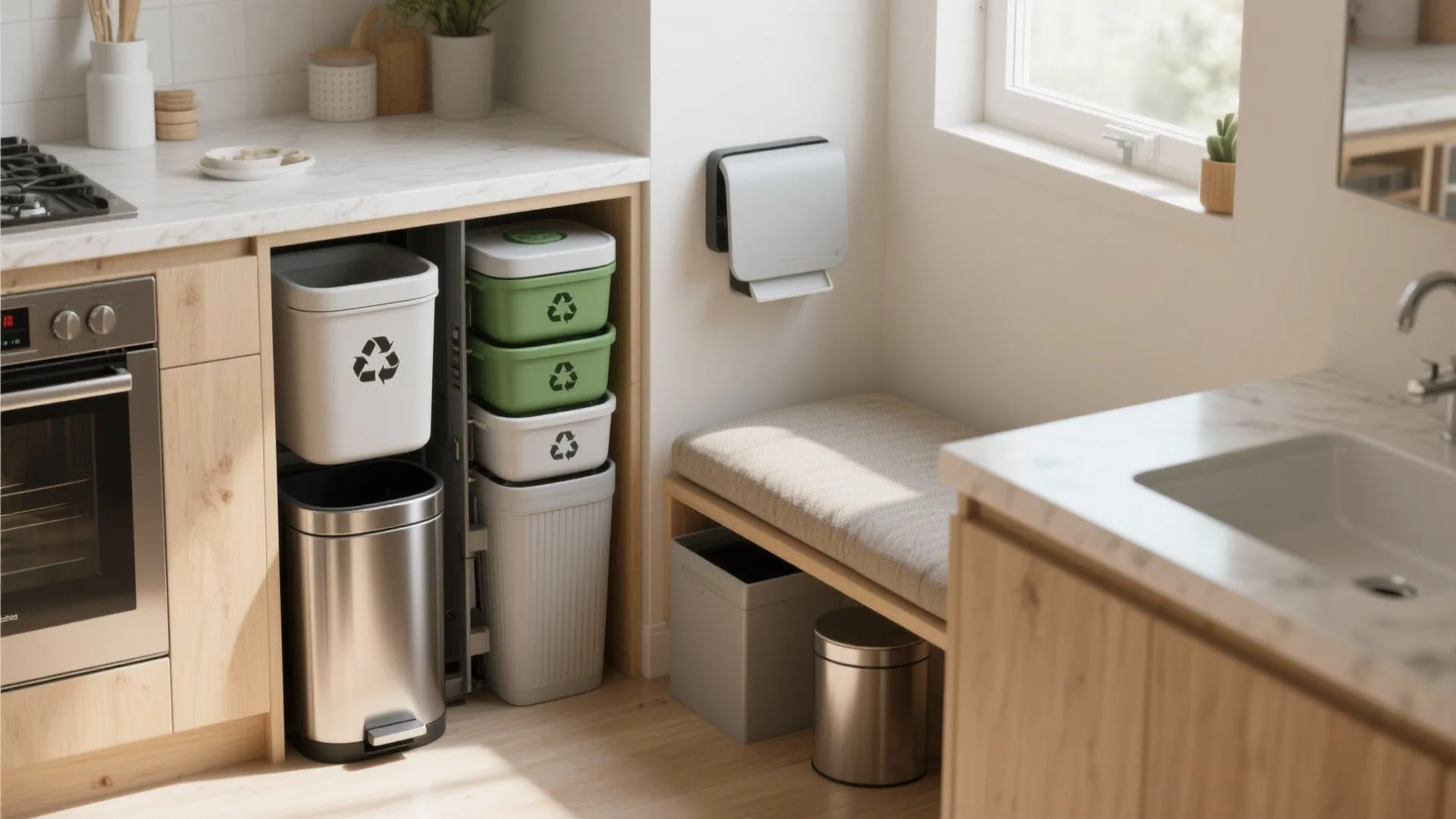 Organized kitchen corner showing multiple recycling bins stacked neatly under a white marble counter top
