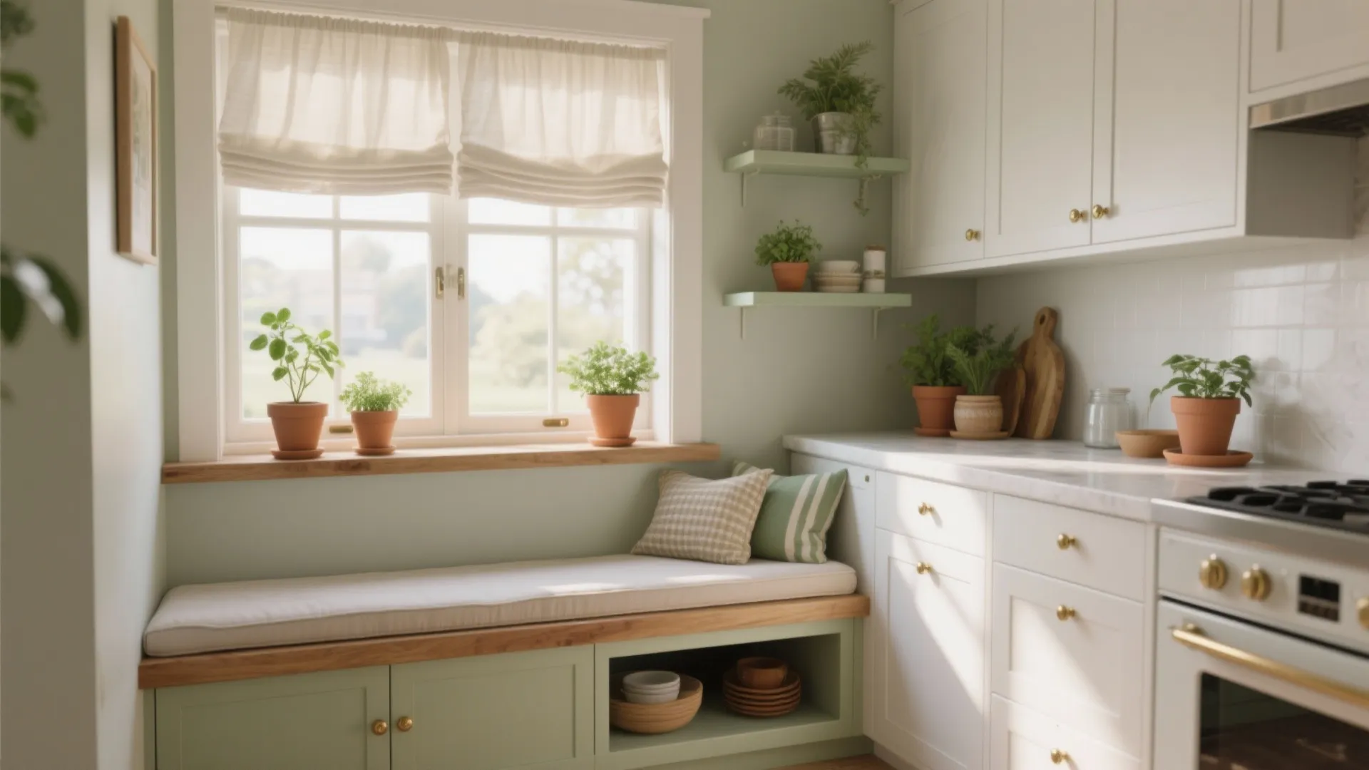 Green kitchen with window seat and pillows next to white cabinets and potted green plants