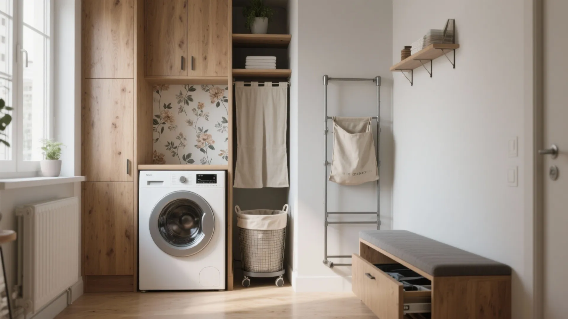 Small laundry corner with white washing machine wooden cabinets floral wallpaper and rolling laundry basket