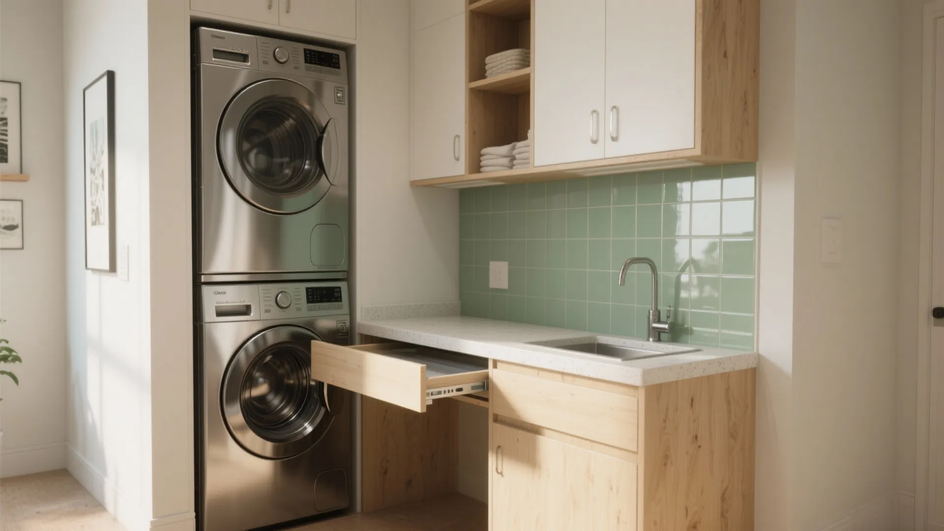 Compact laundry room design with stacked silver washing machines and wooden cabinets with green tiles