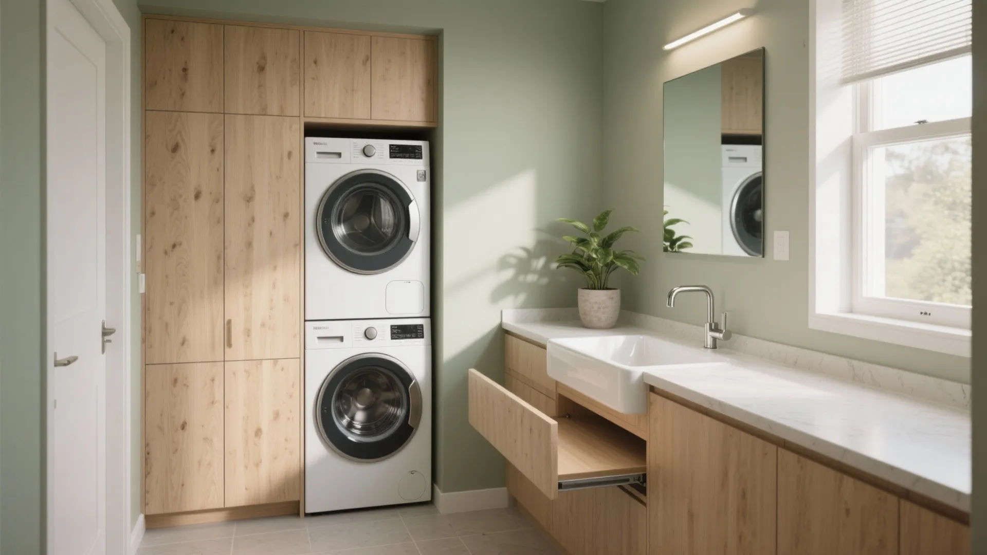 Small laundry room with green walls stacked white washer dryer wooden cabinets and a plant