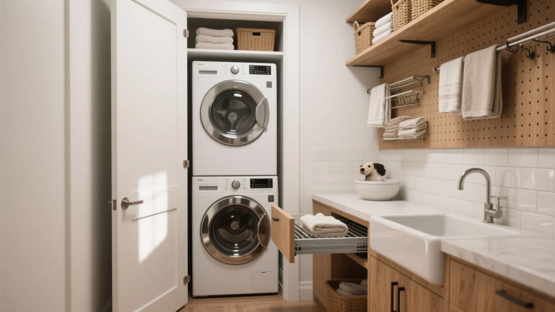 Small laundry room with stacked washing machines white sink wooden shelves and a pegboard wall