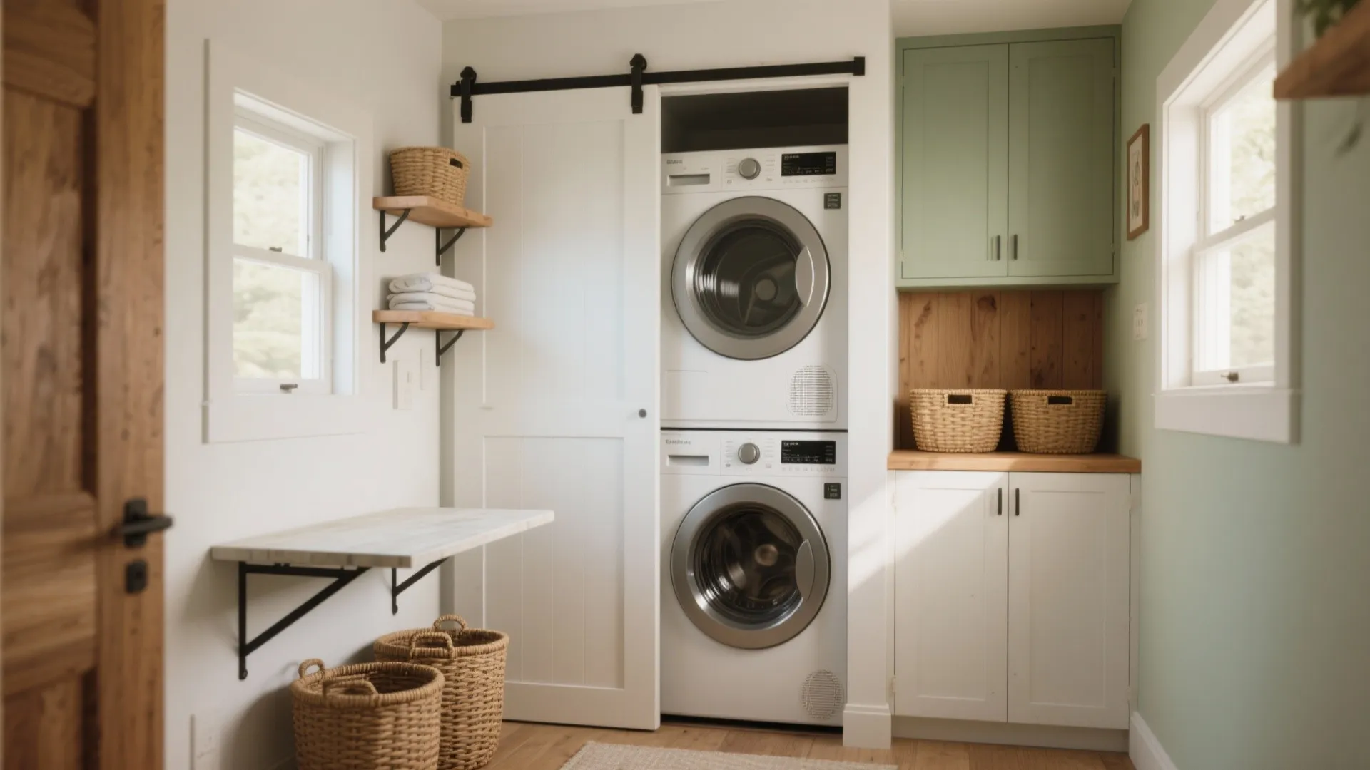 Small laundry room with white sliding door stacked washing machine dryer green cabinet and wicker baskets