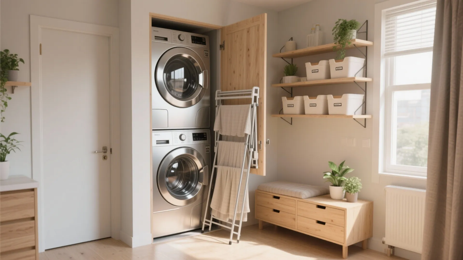 Modern laundry room showing stacked washing machines inside cabinet with wooden shelves and storage boxes