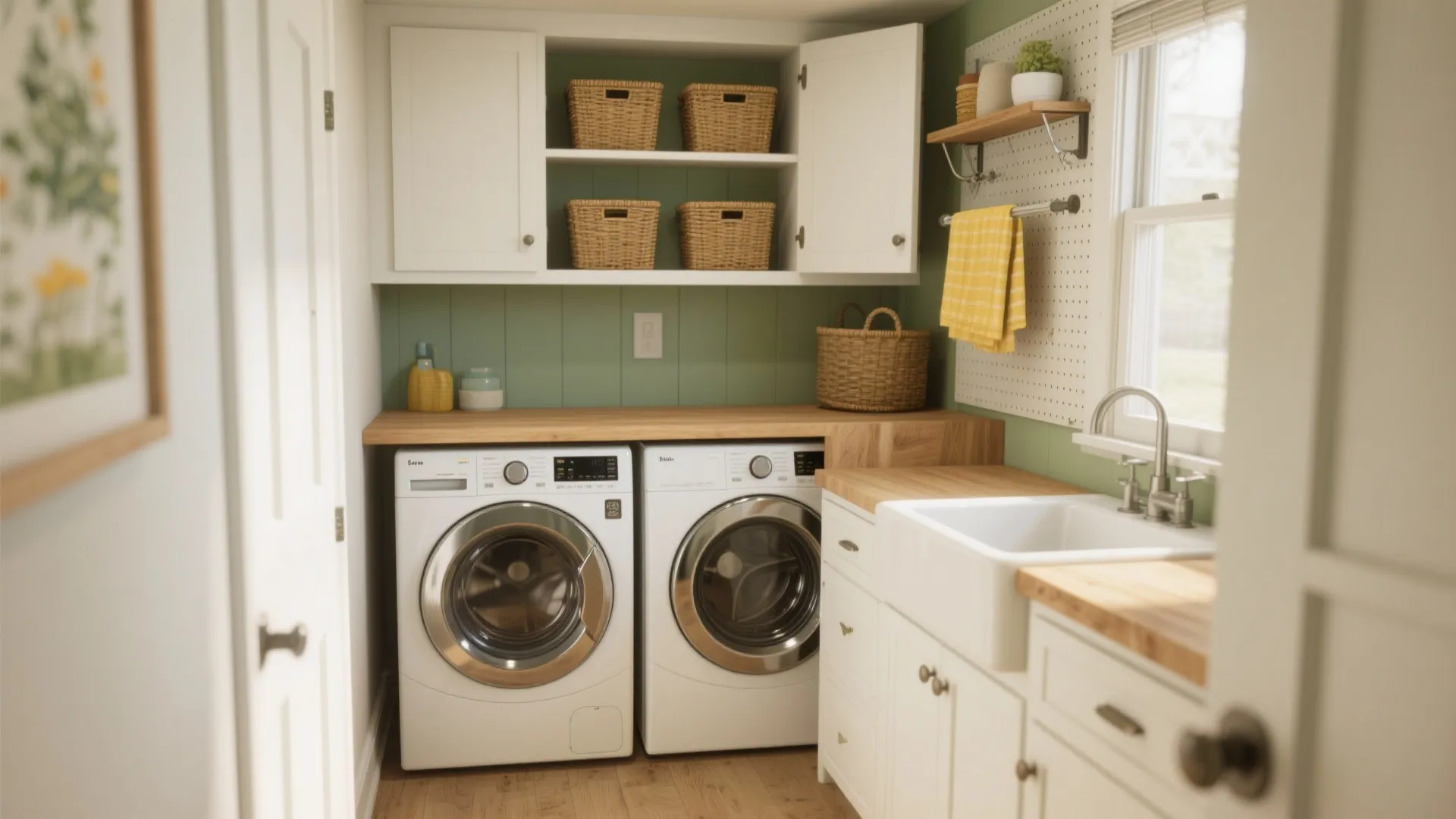 Small laundry room with white washing machines wood countertop green wall white cabinets and farm sink