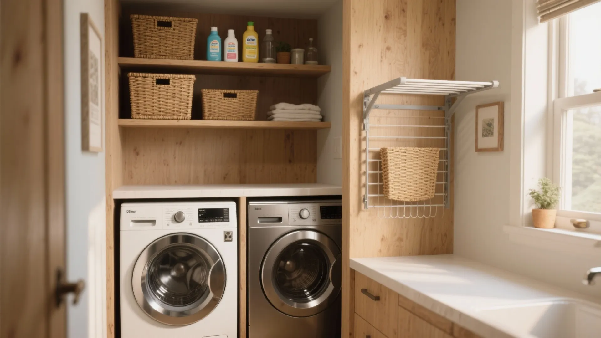 Compact laundry area with side-by-side washing machines under wooden shelves with woven storage baskets